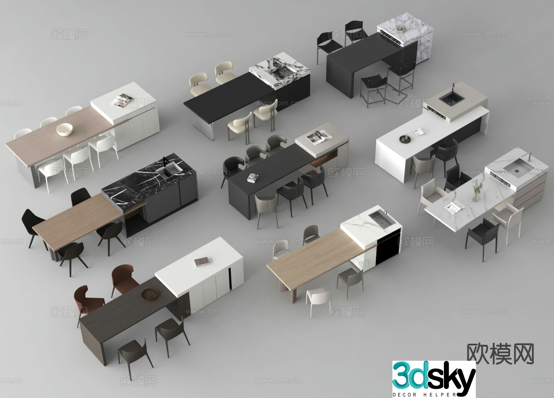 Modern island table dining table and chairs 3d model