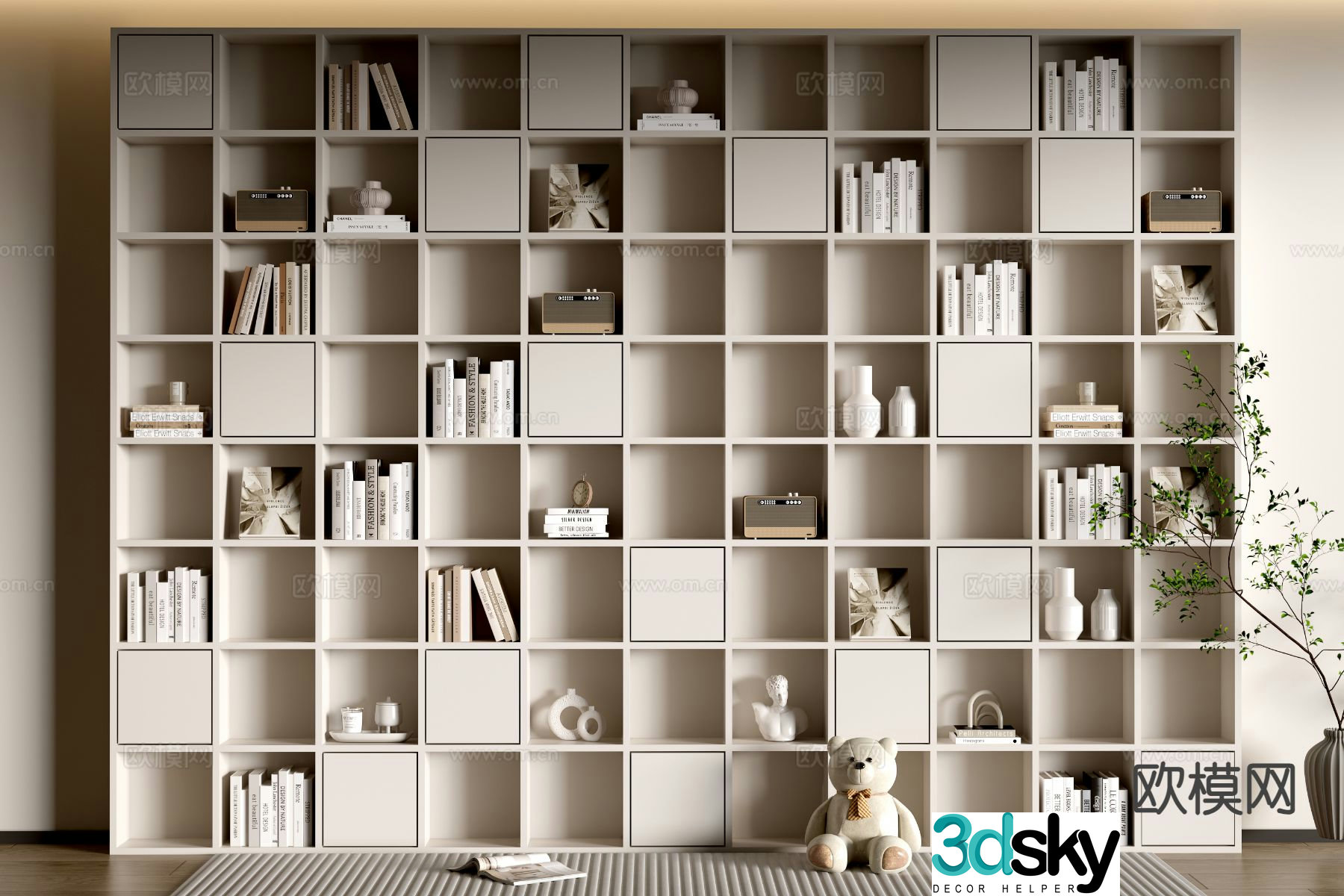 Cream style cabinet bookcase integral cabinet wall-to-wall cabinet 3D model