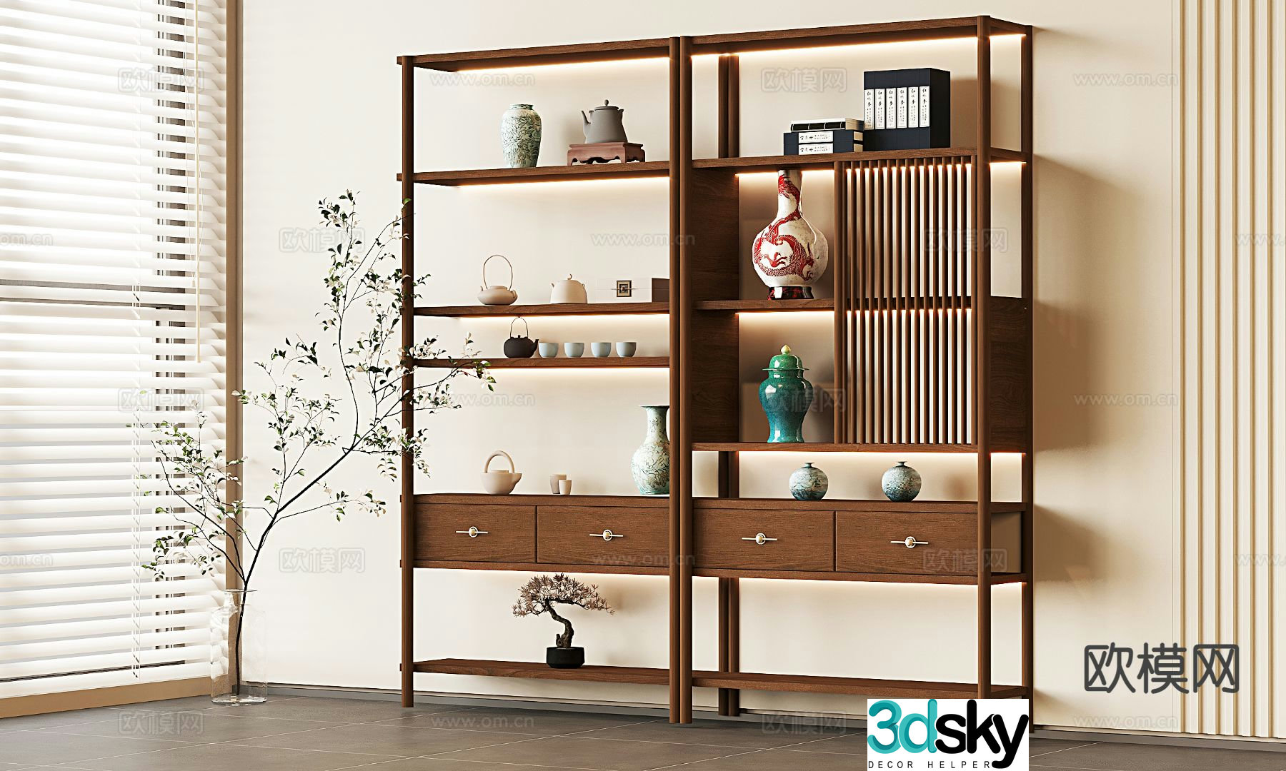Medieval style solid wood bookshelf 3D model