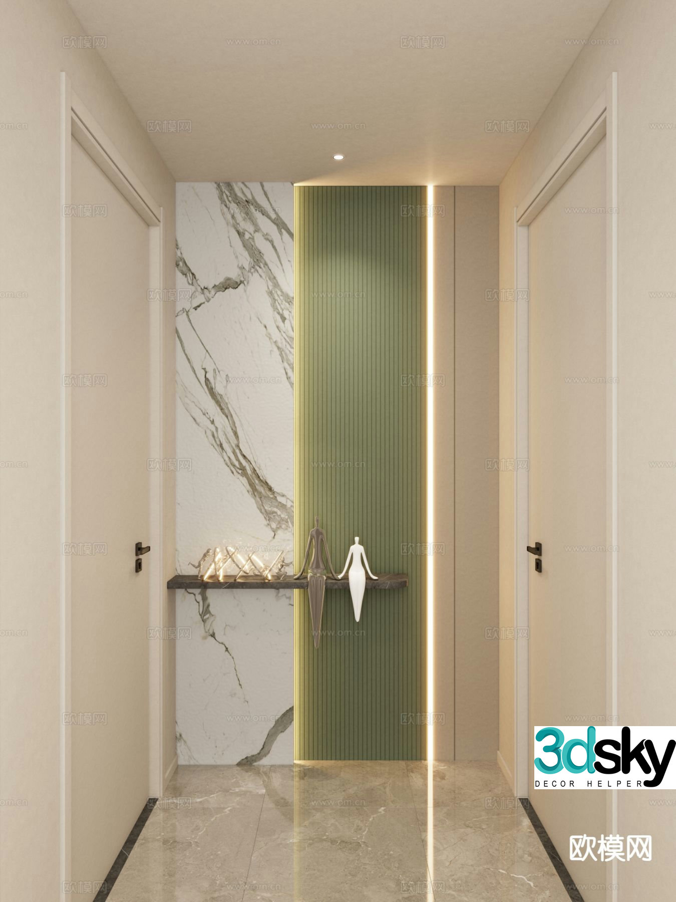Cream style corridor end view entrance 3D model