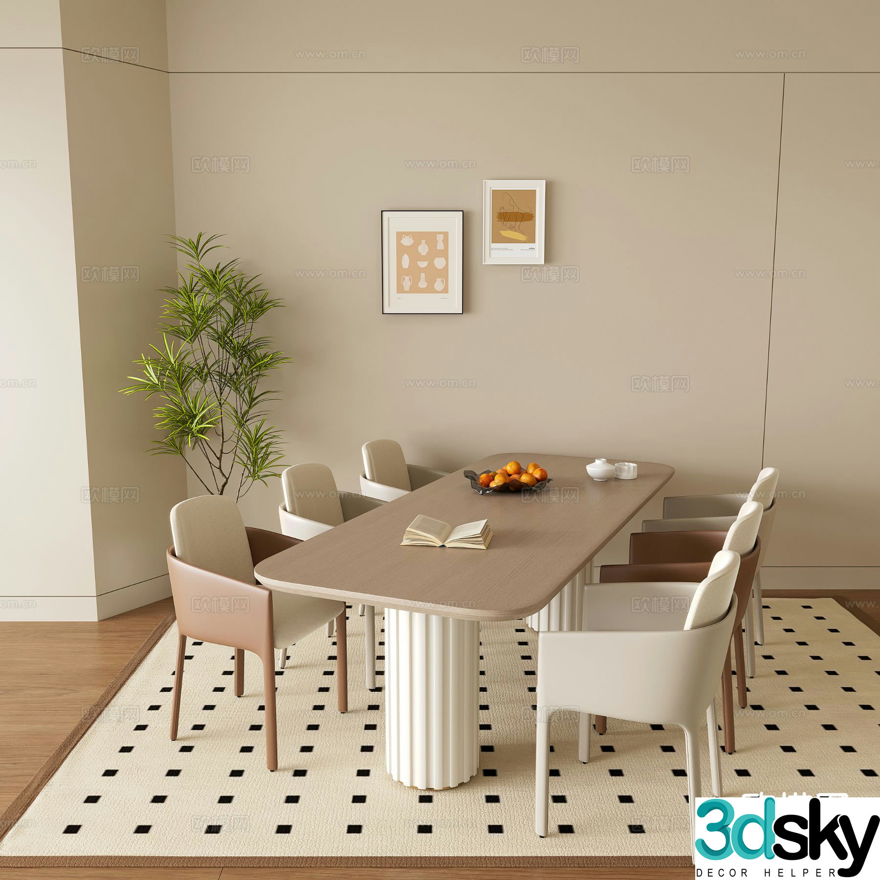 Cream style dining table and chairs 3d model