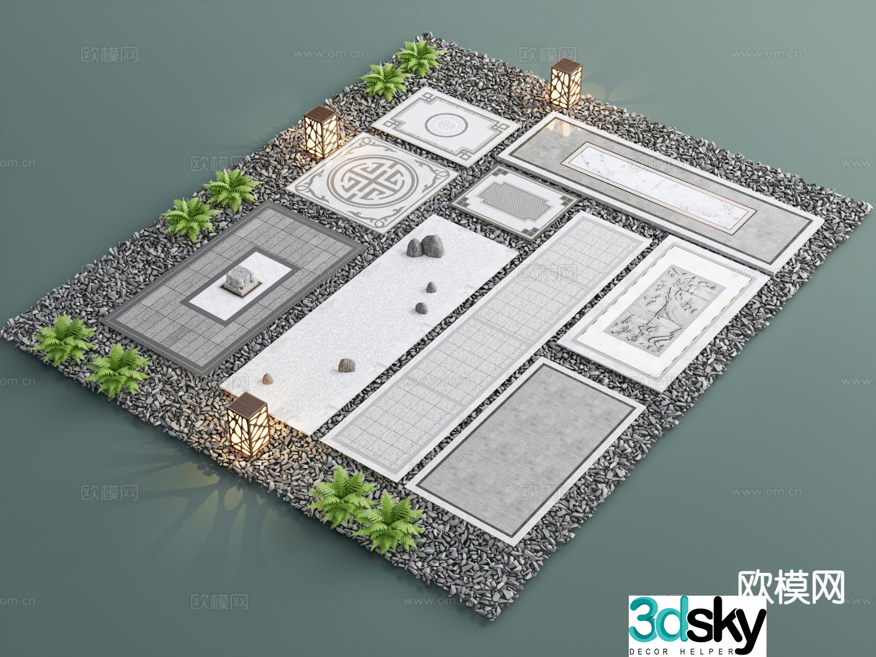 New Chinese style garden paving paving sketches cobblestones stone steps 3D model