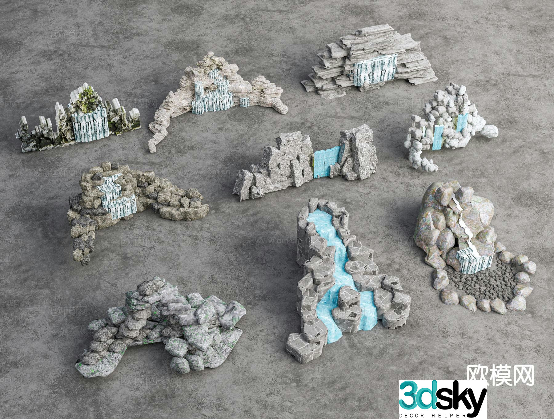 Chinese rockery with water rockery with flowing water falling water feature 3D model