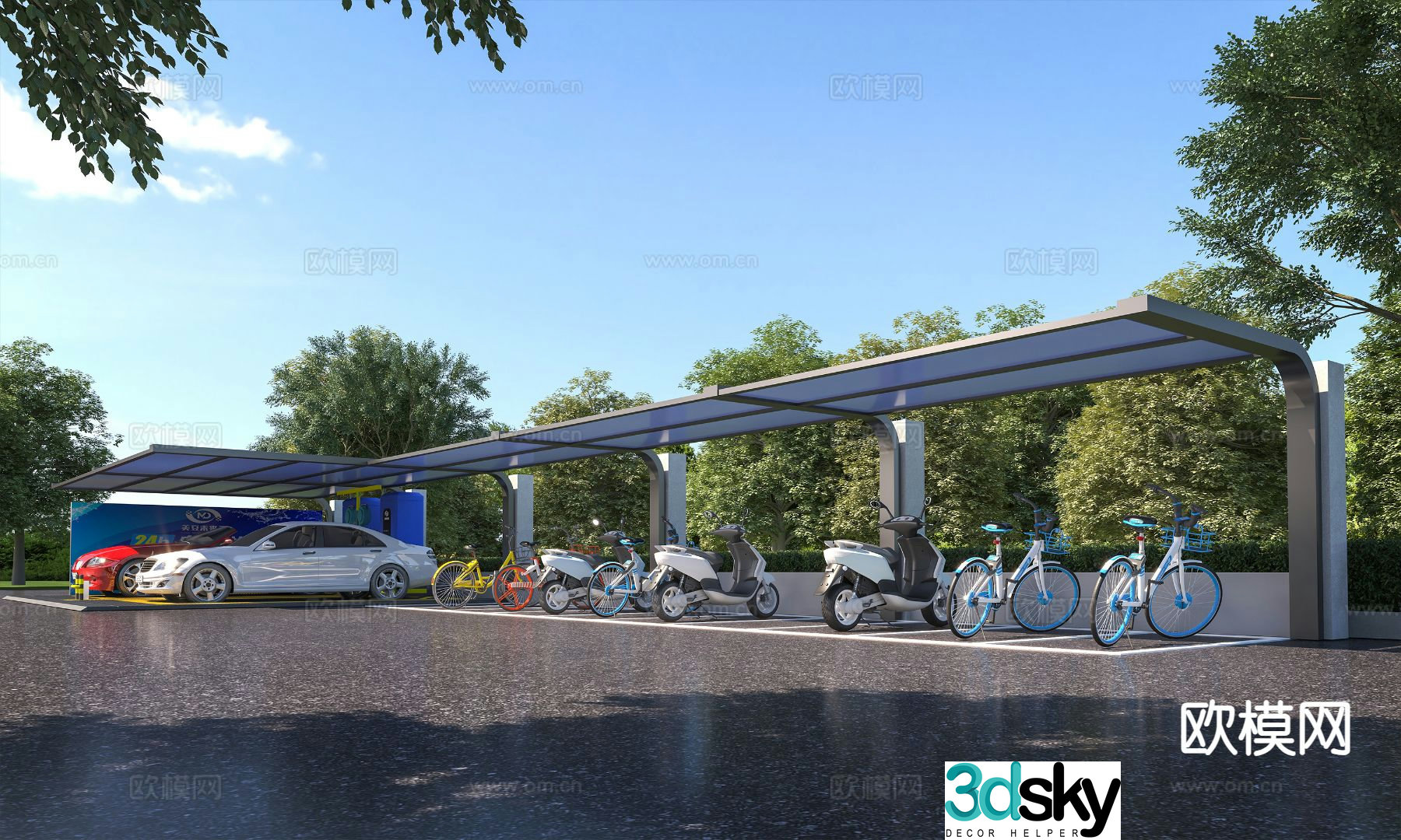 parking shed car wash area bicycle electric vehicle car bicycle shed 3d model