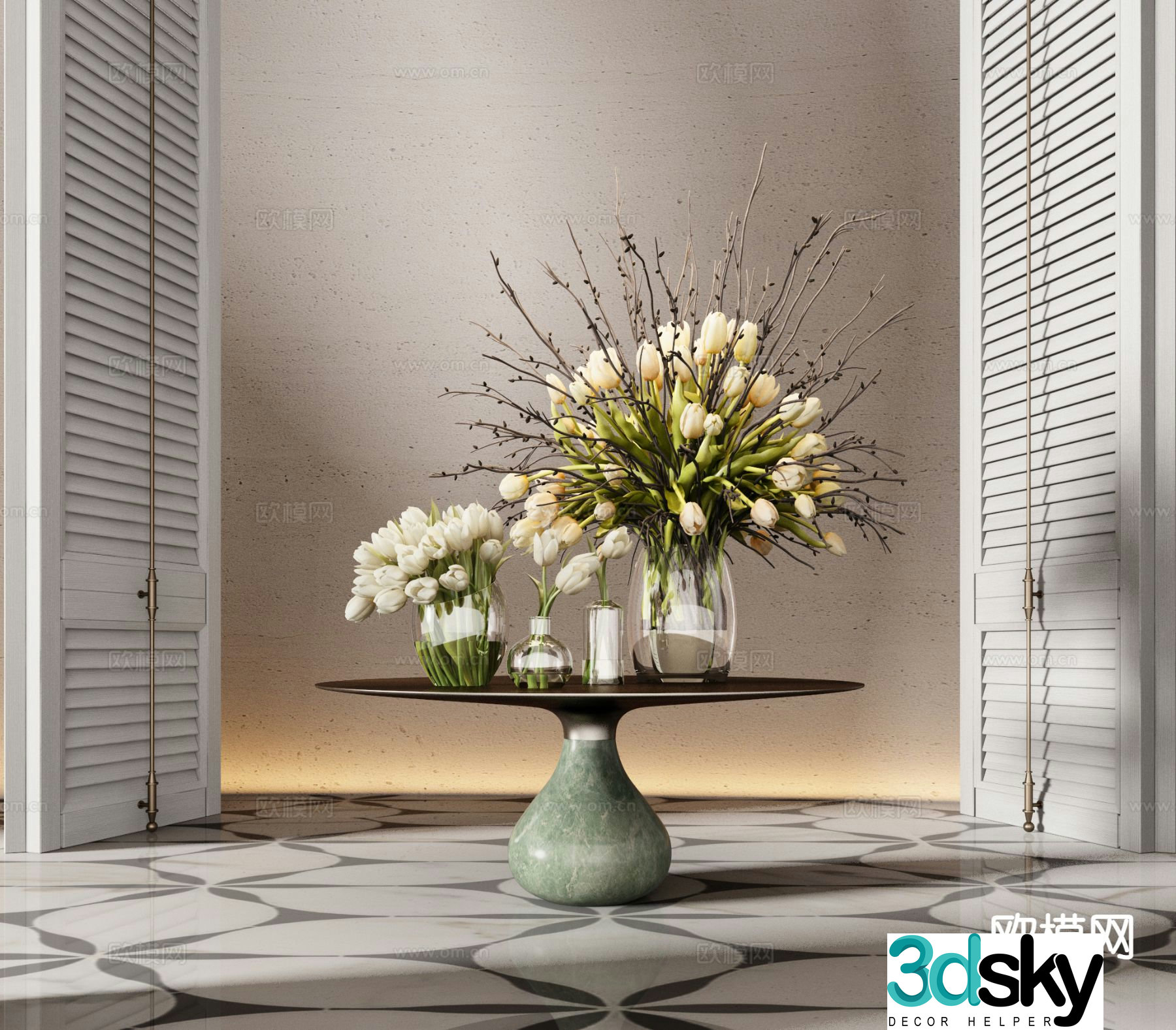Modern hotel end view deck floral arrangement vase 3d model