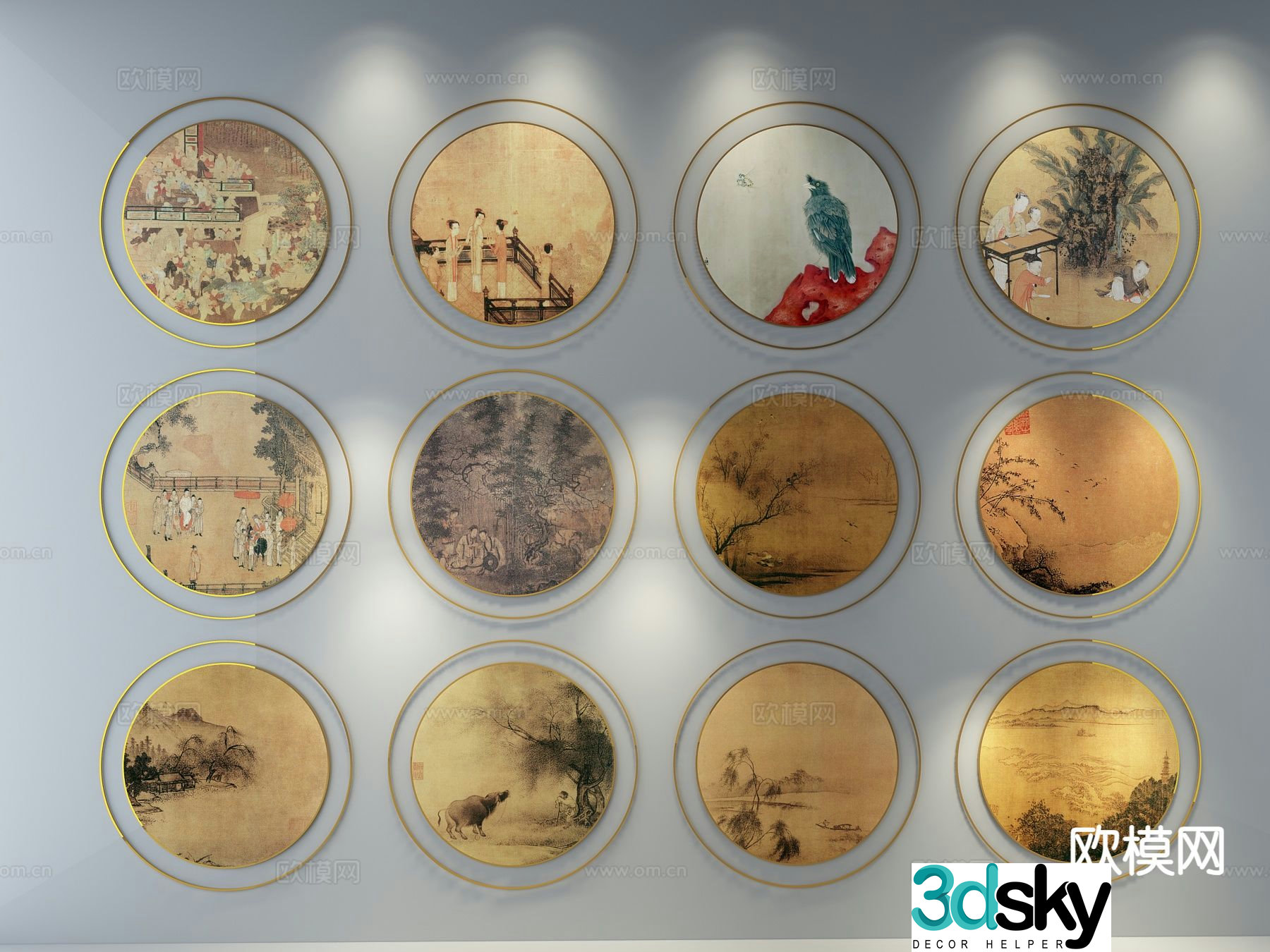 New Chinese style round hanging painting Zen decorative painting 3D model