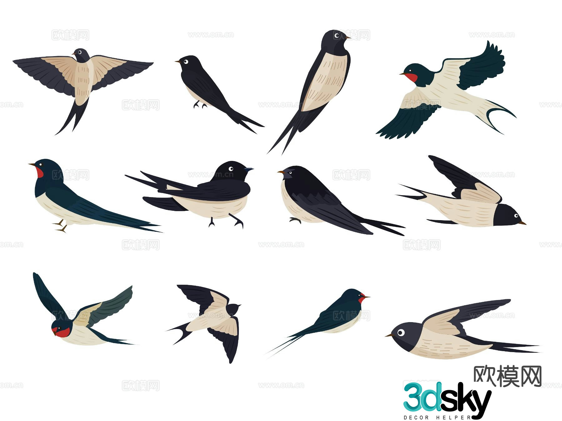 Swallow silhouette flying bird wall decoration 3d model