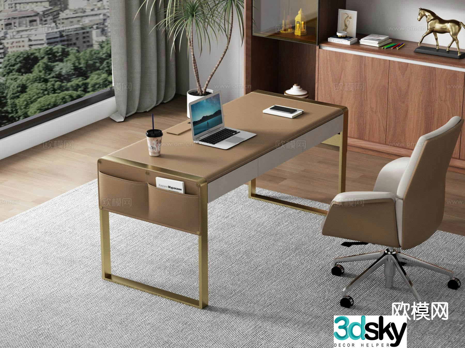 Italian minimalist saddle leather desk desk 3d model