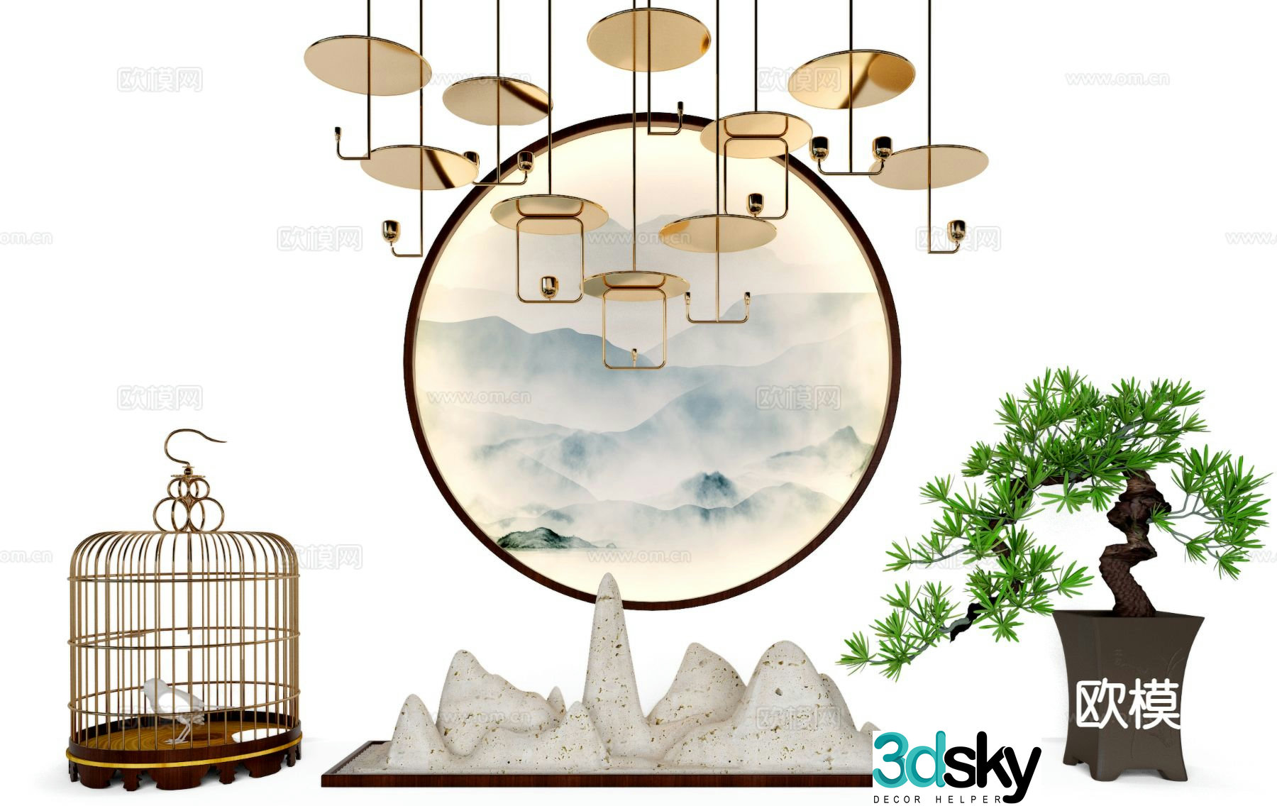 New Chinese style decorations table decorations birdcages potted plants 3D model