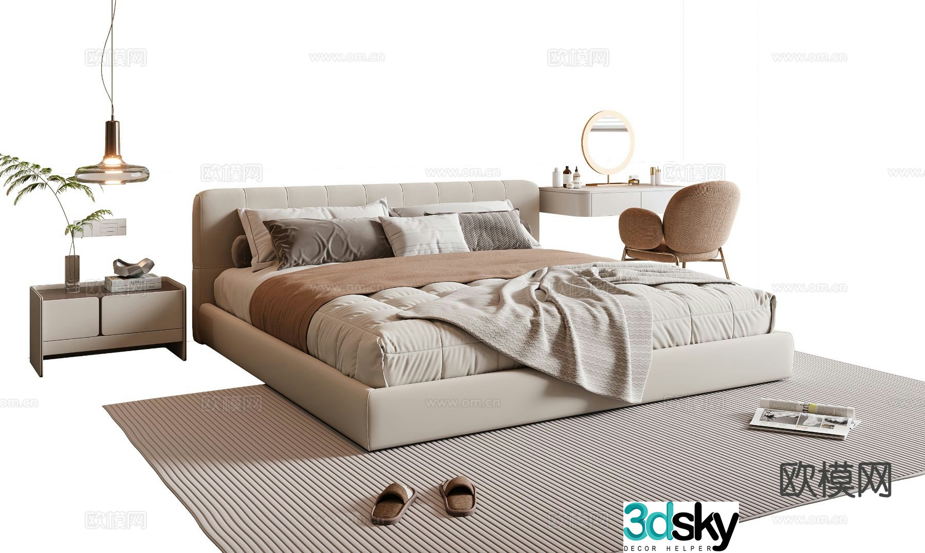 Cream style double bed 3d model