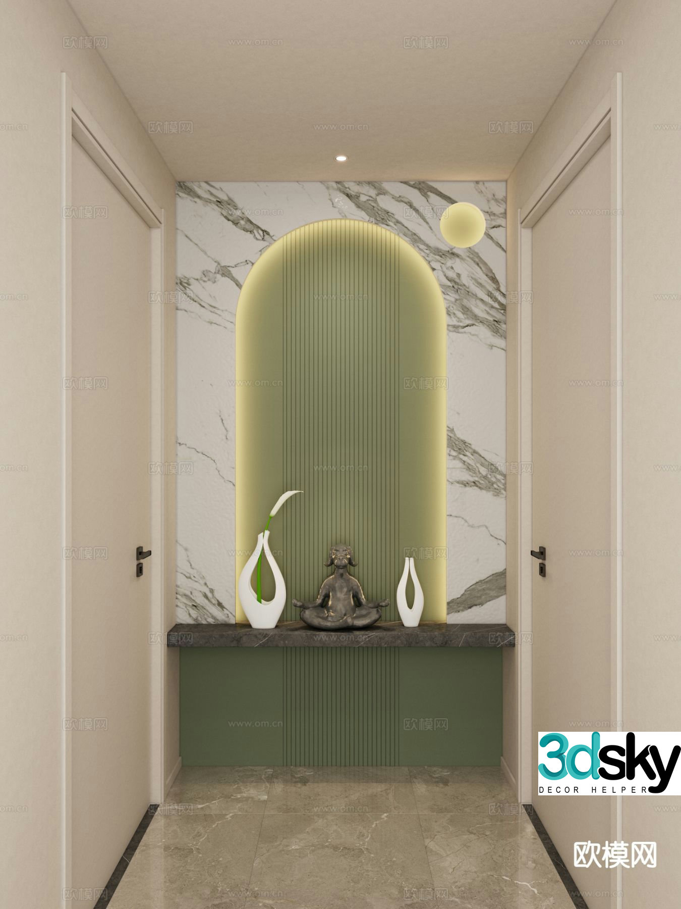 Cream style corridor end view entrance 3D model
