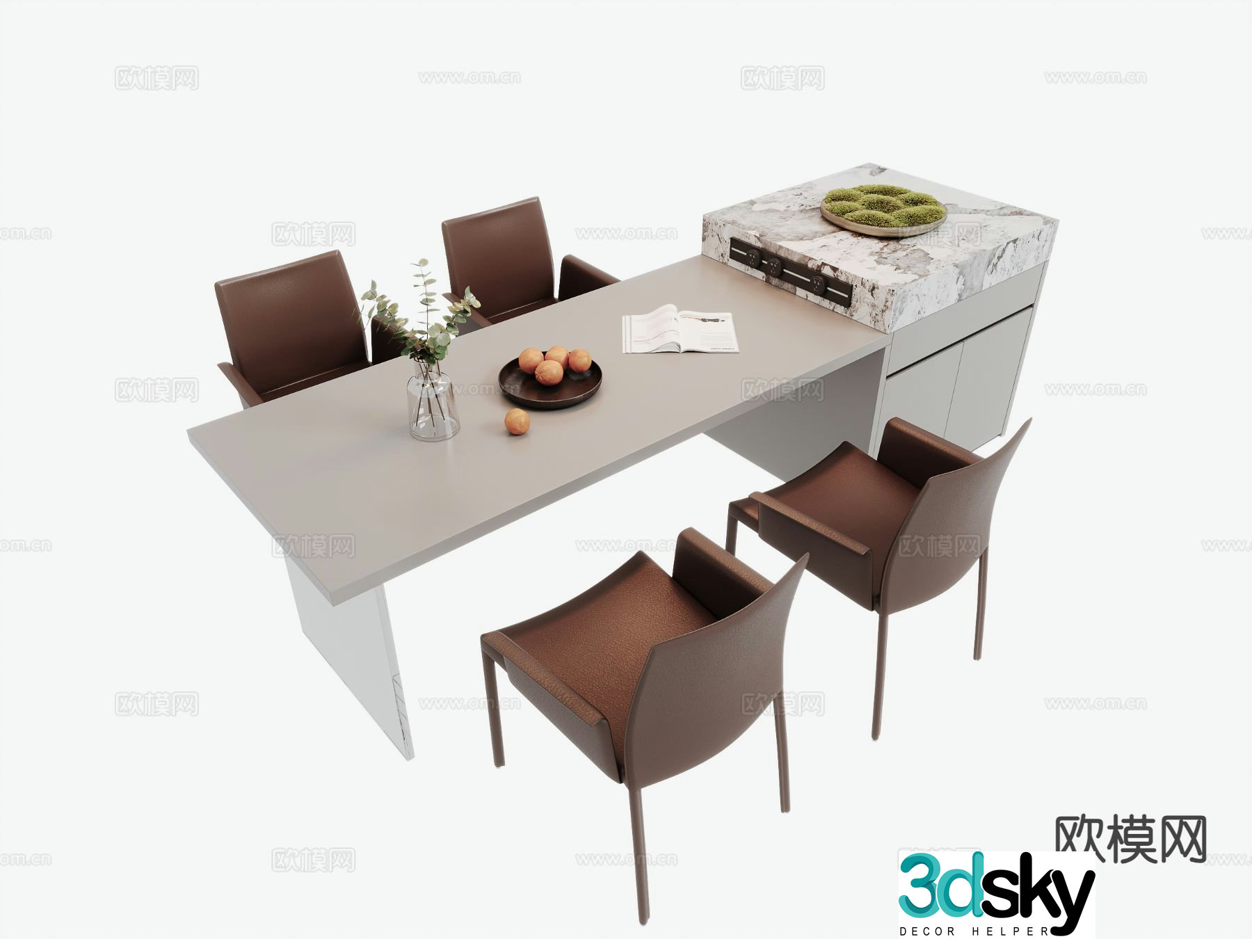 Modern island dining table and chairs 3d model