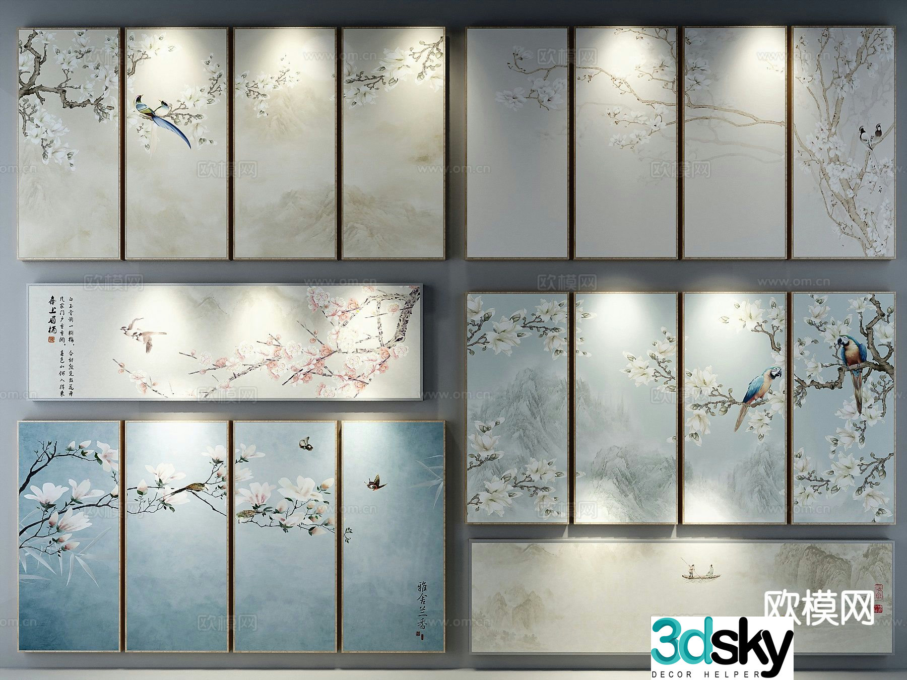 New Chinese style flower painting decorative wall chart 3D model