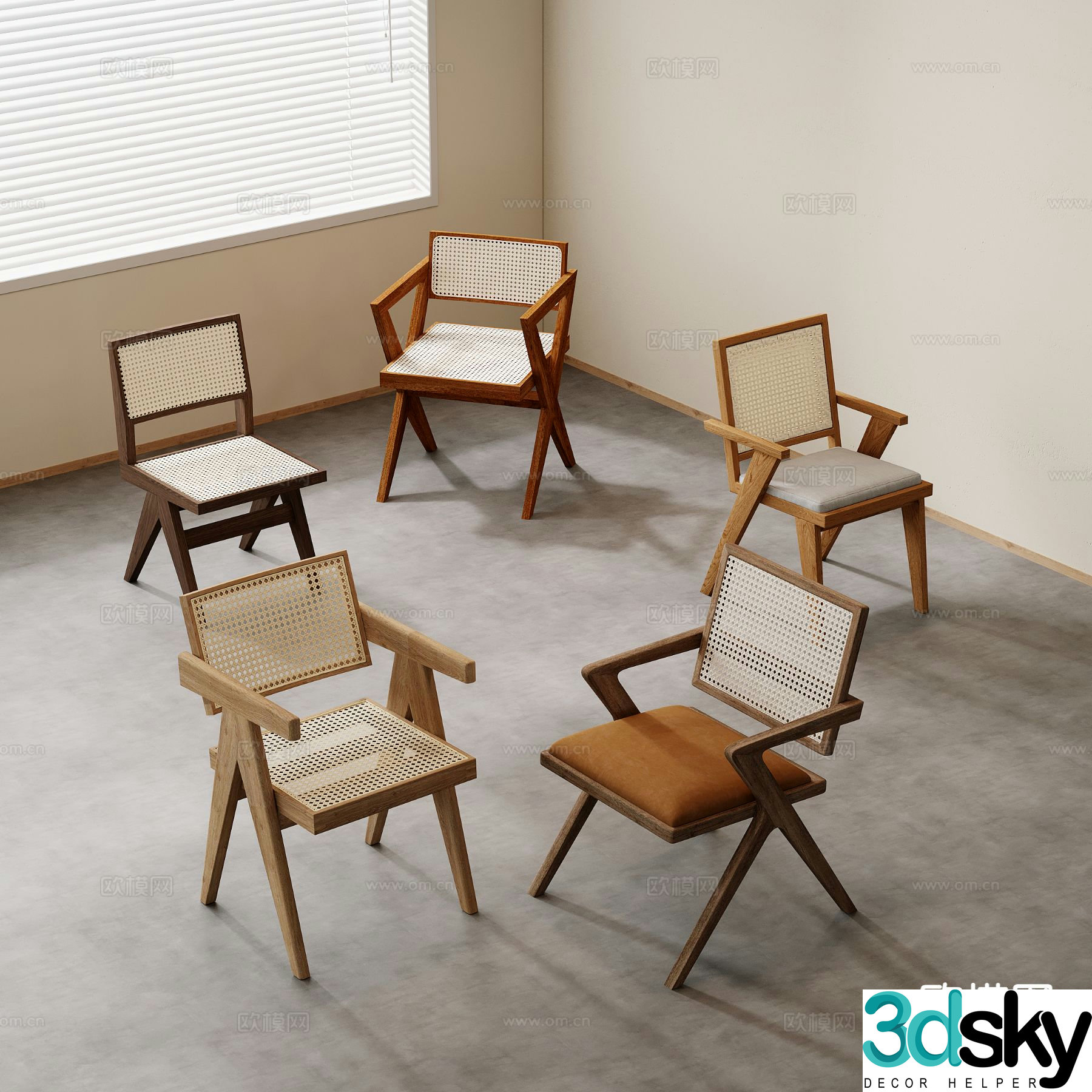 Wabi-sabi armchair single chair dining chair rattan chair solid wood chair 3D model