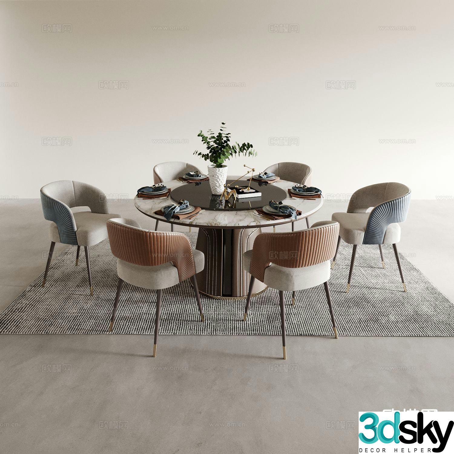 Round dining table and chairs 3d model