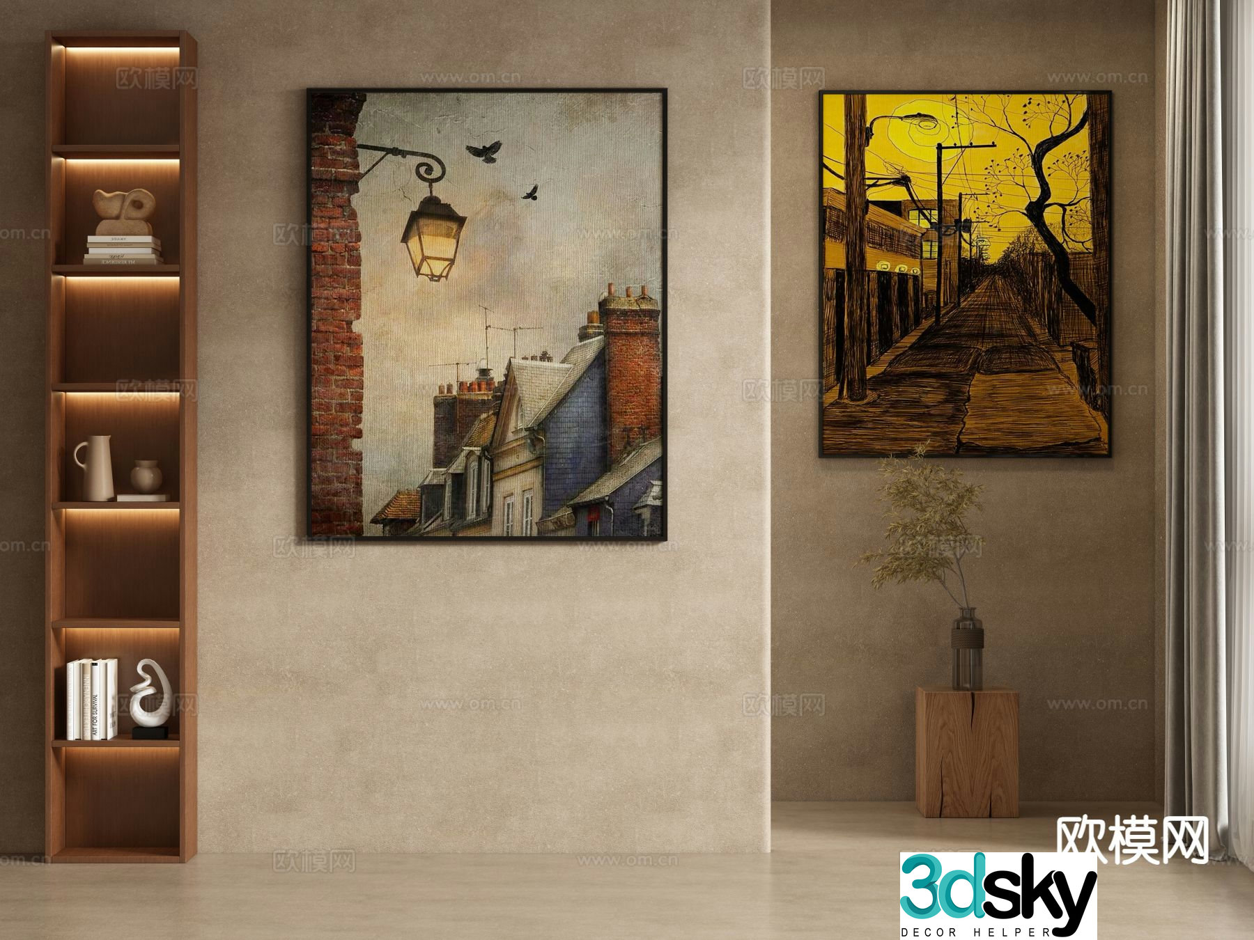 Medieval style oil painting architecture decorative painting hanging painting 3D model