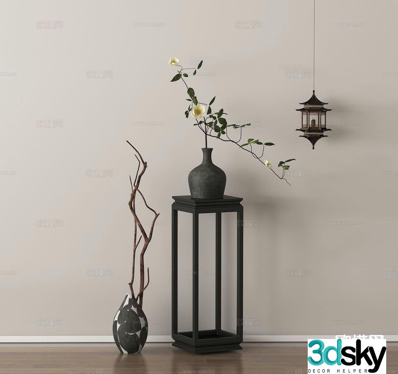 New Chinese style flower table vase floral arrangement dried branches 3D model