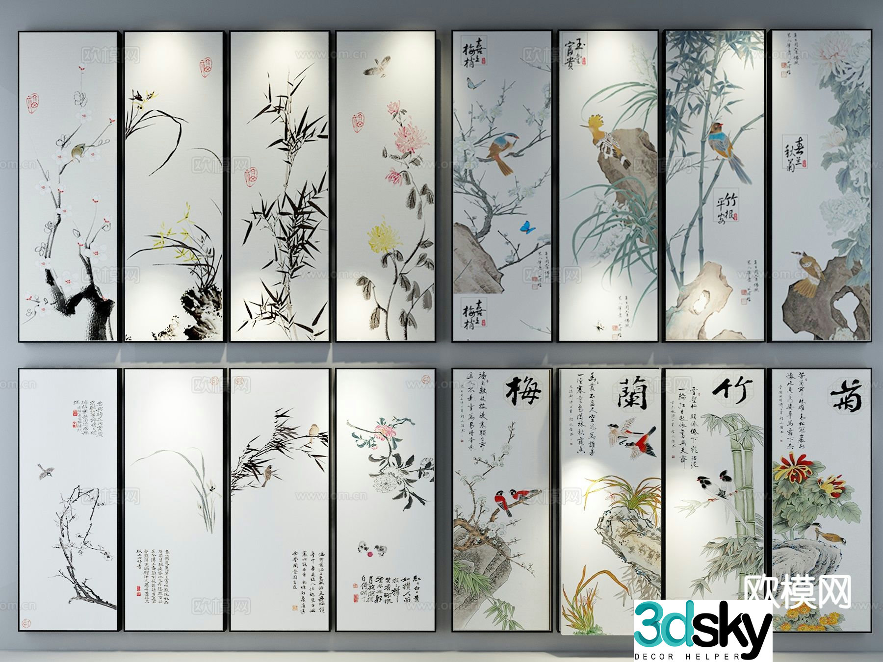 New Chinese style decorative painting Zen hanging painting flower and bird painting 3D model