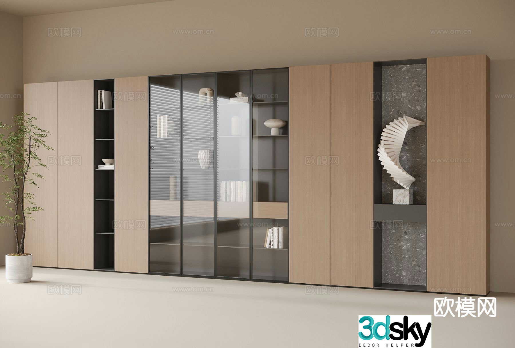 Modern wall-to-wall bookcase 3D model