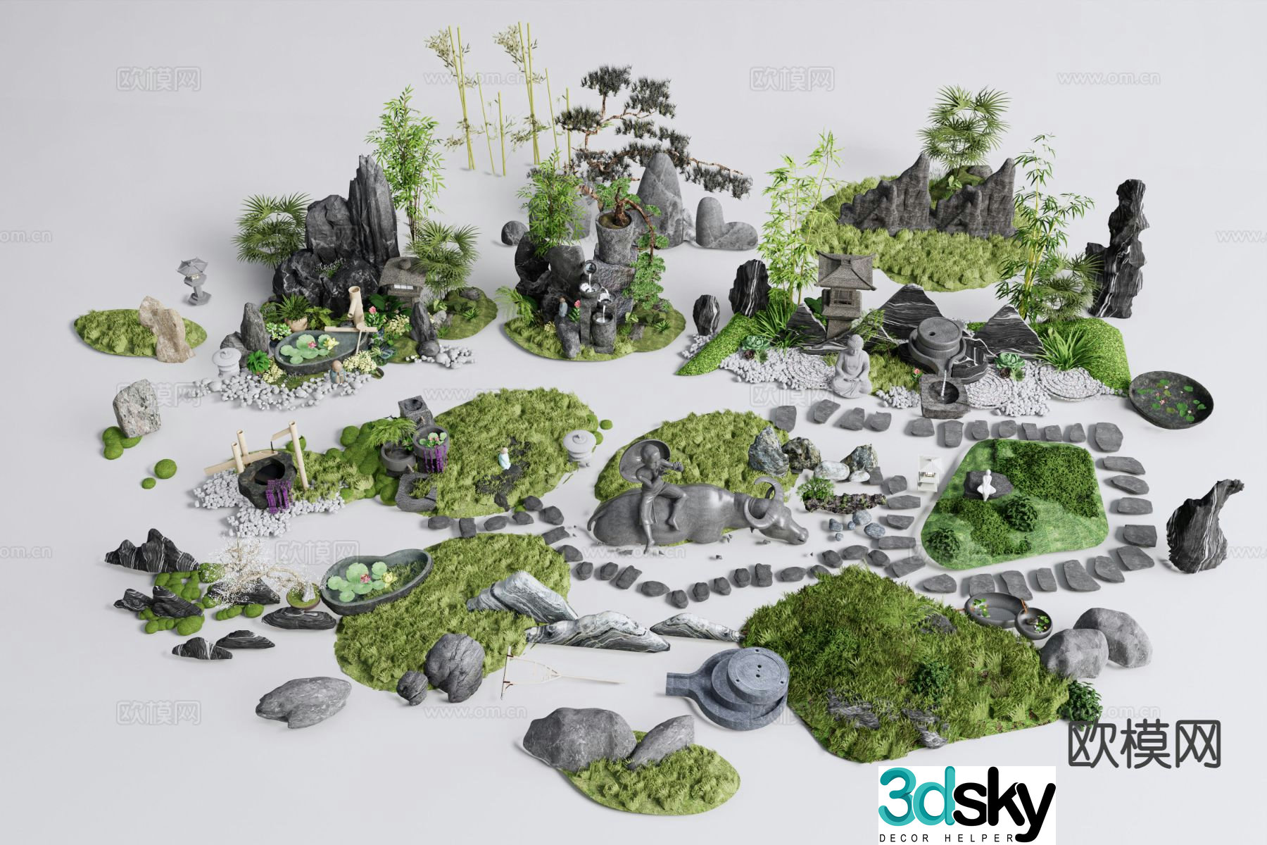 New Chinese style rockery waterscape micro terrain landscape 3D model