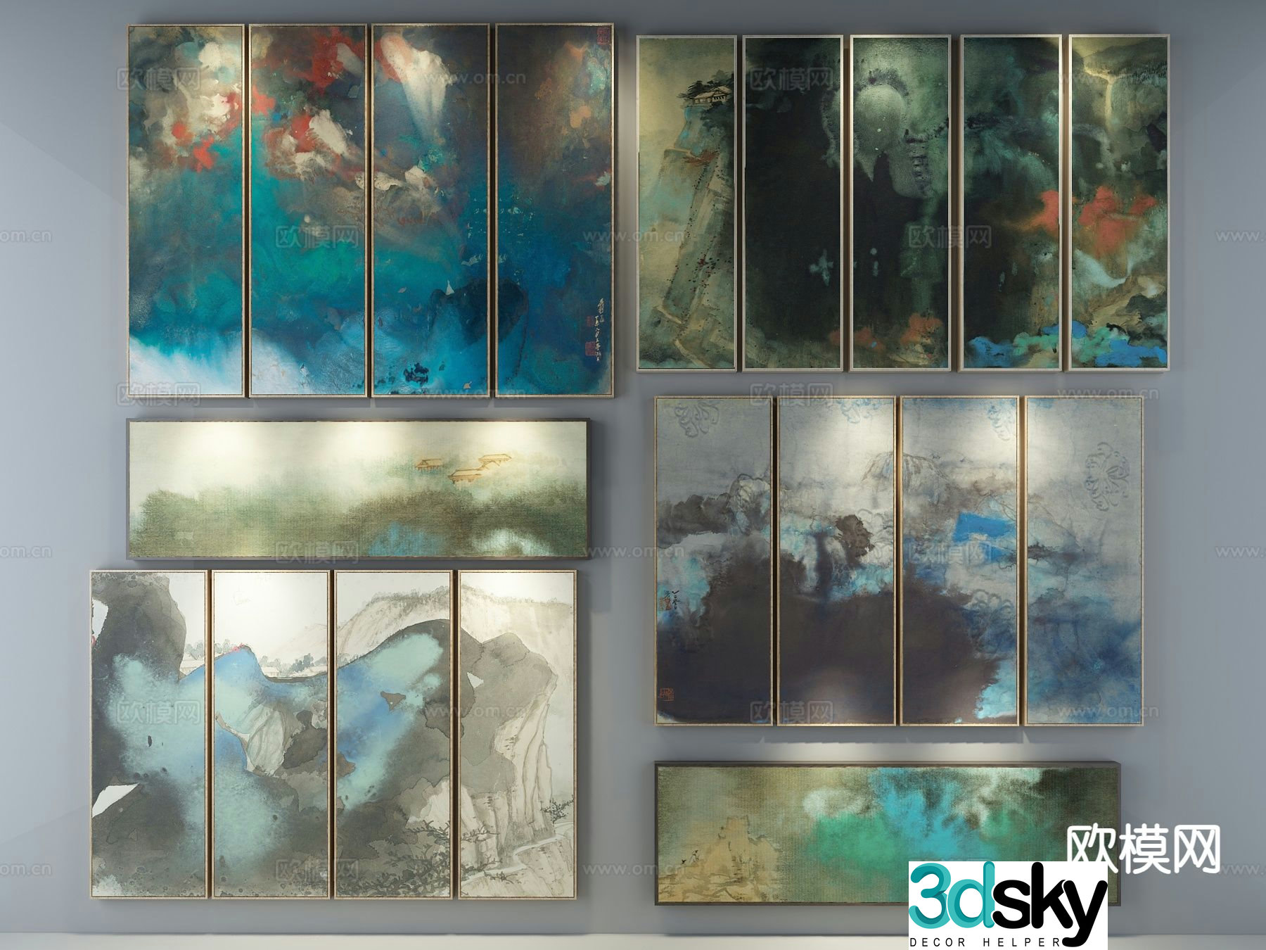 New Chinese style decorative painting ink hanging painting gouache hanging painting 3D model