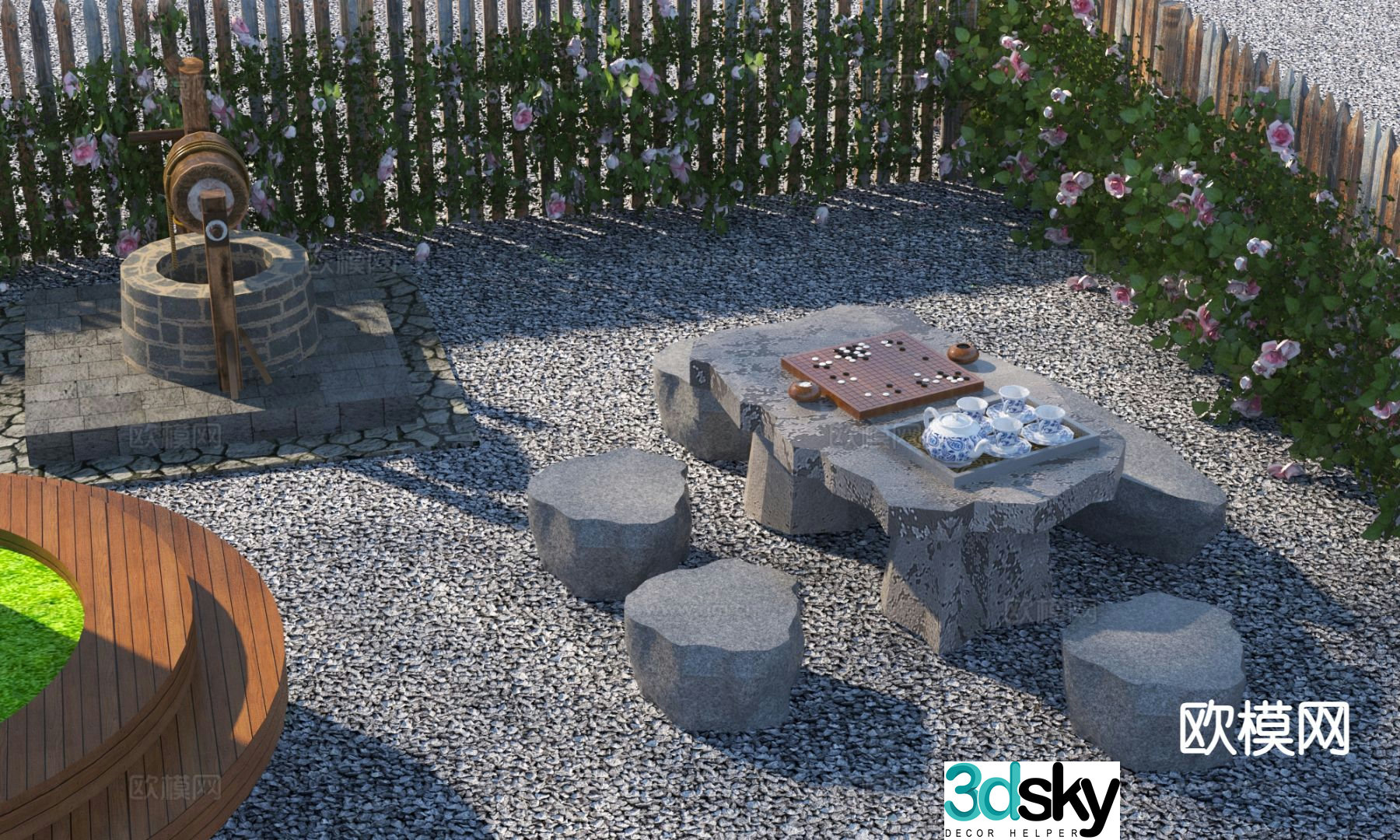 New Chinese style stone tables and chairs outdoor tables and chairs 3d model