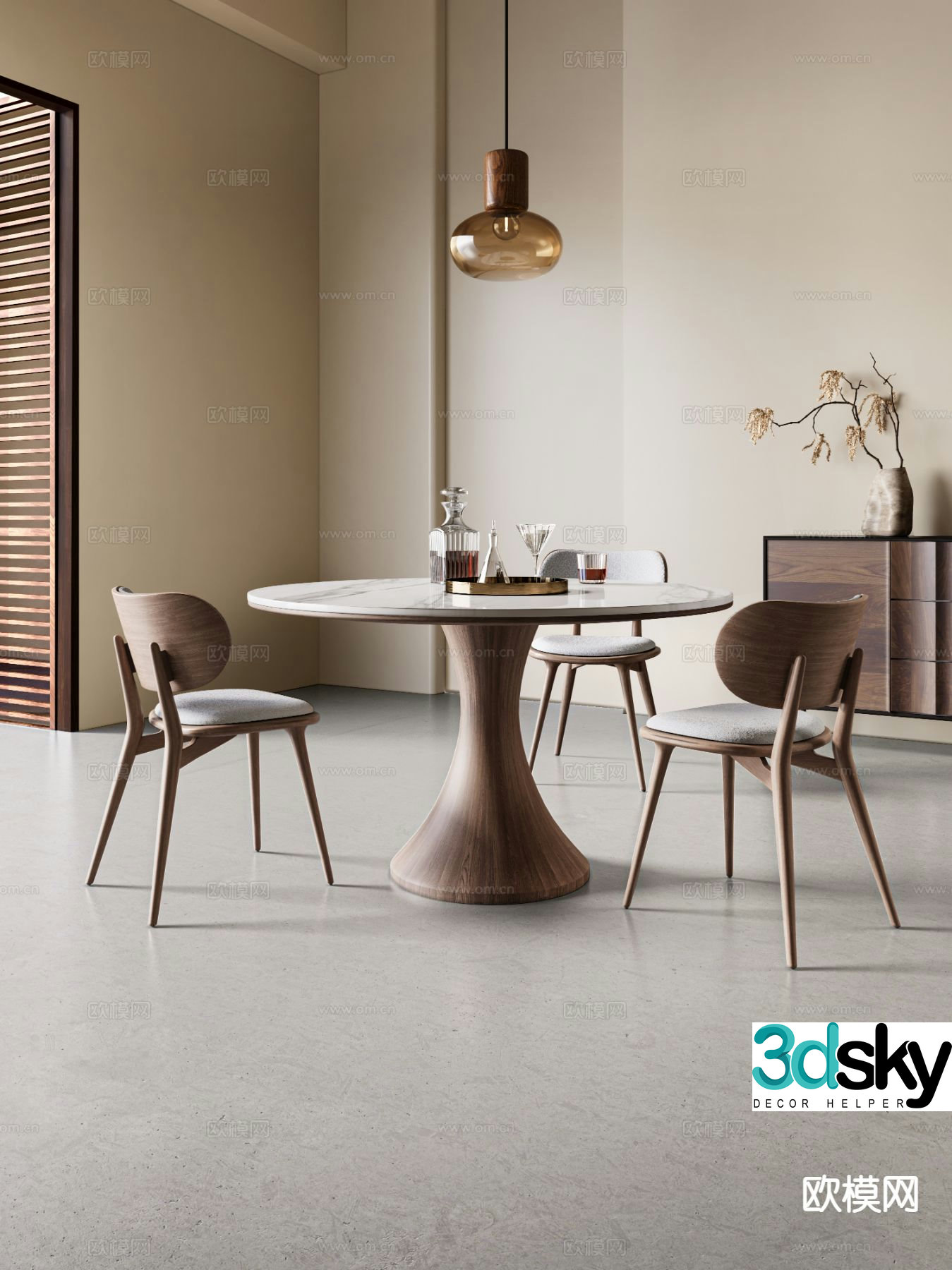 Wabi-sabi style dining table and chairs round dining table 3D model