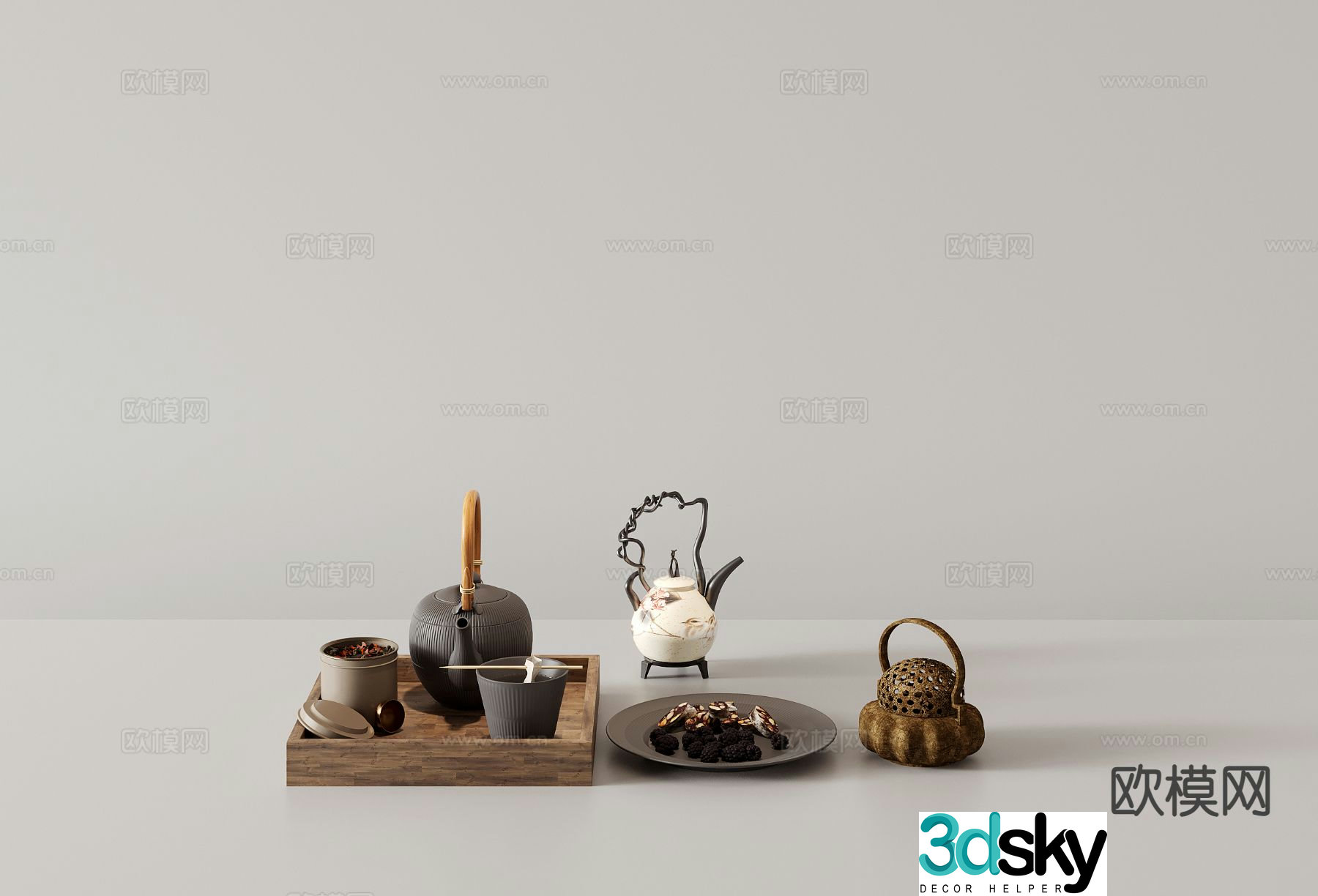 Chinese tea set ceramic purple clay pot tea tray 3d model
