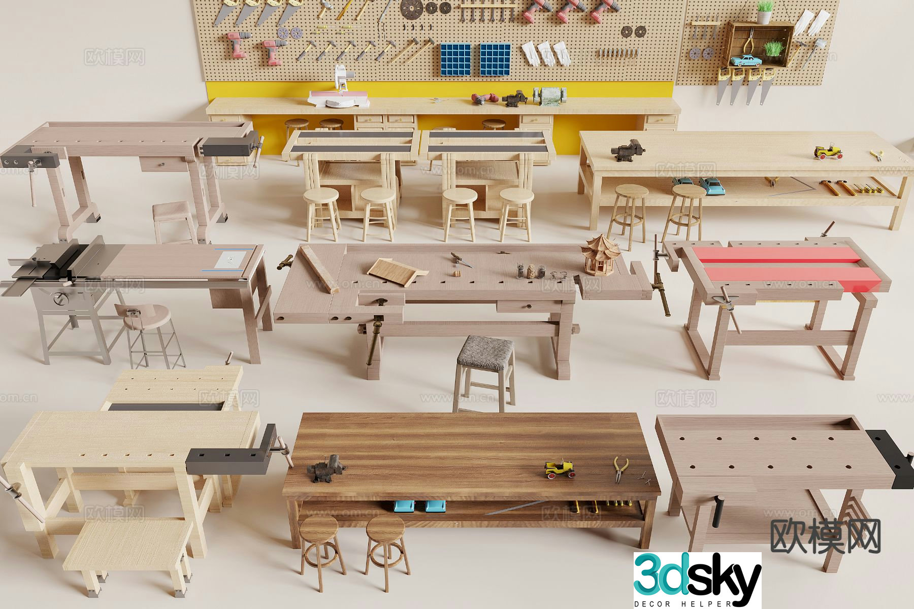 Modern woodworking tables and chairs workbench 3d model