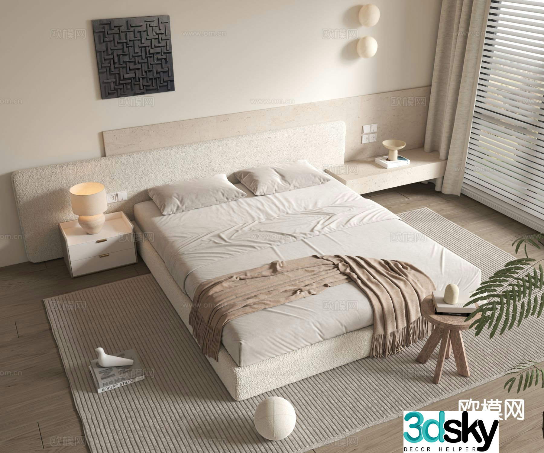 Wabi-sabi style double bed 3d model