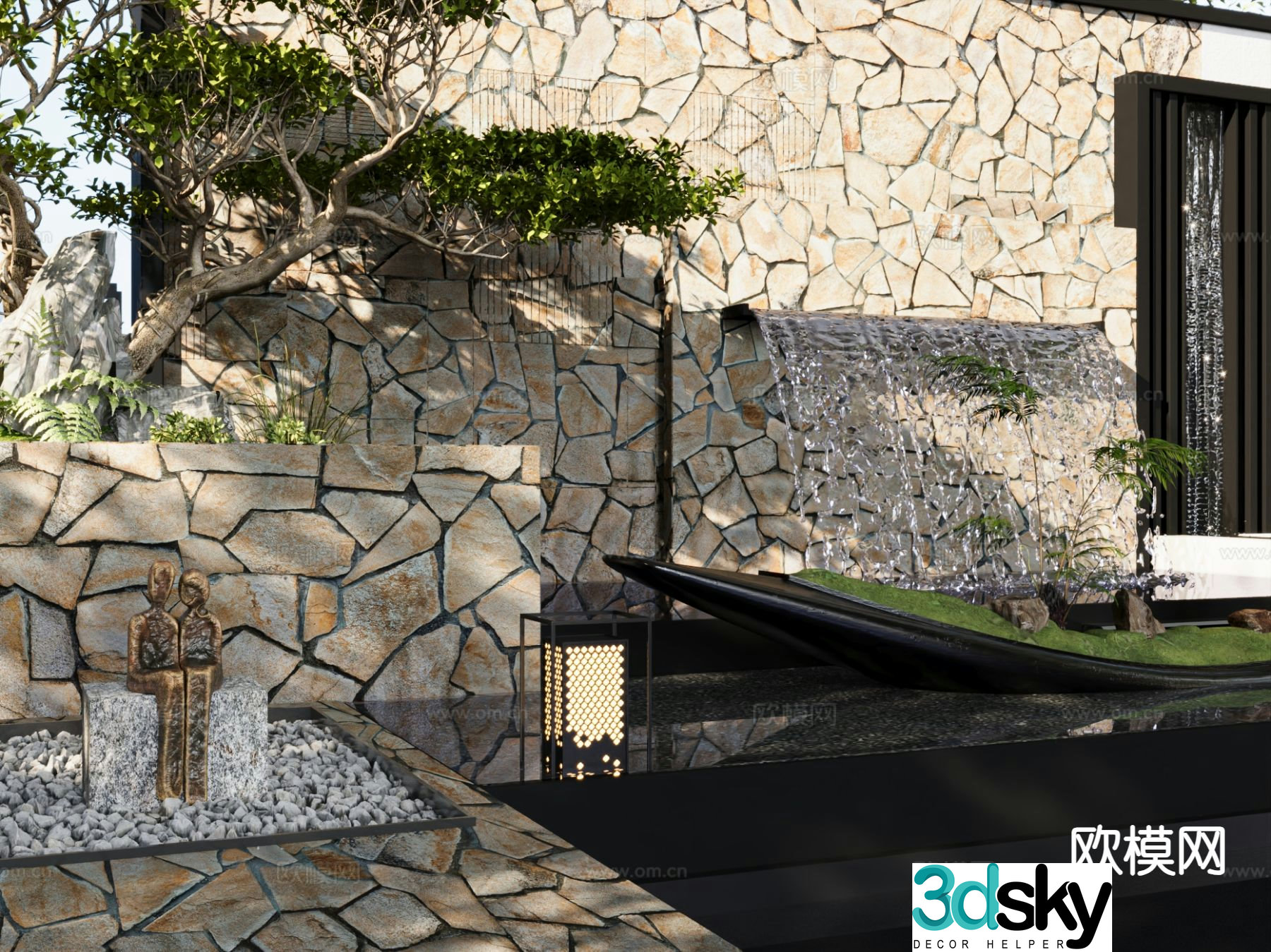 Modern courtyard sketch flowing water landscape 3D model