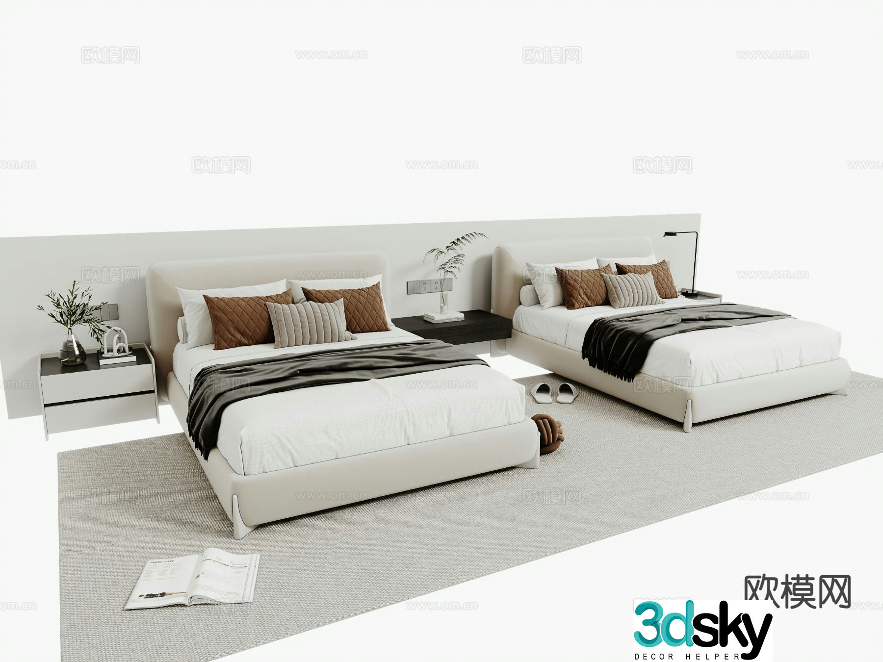 Modern single bed hotel room bed standard room bed 3d model