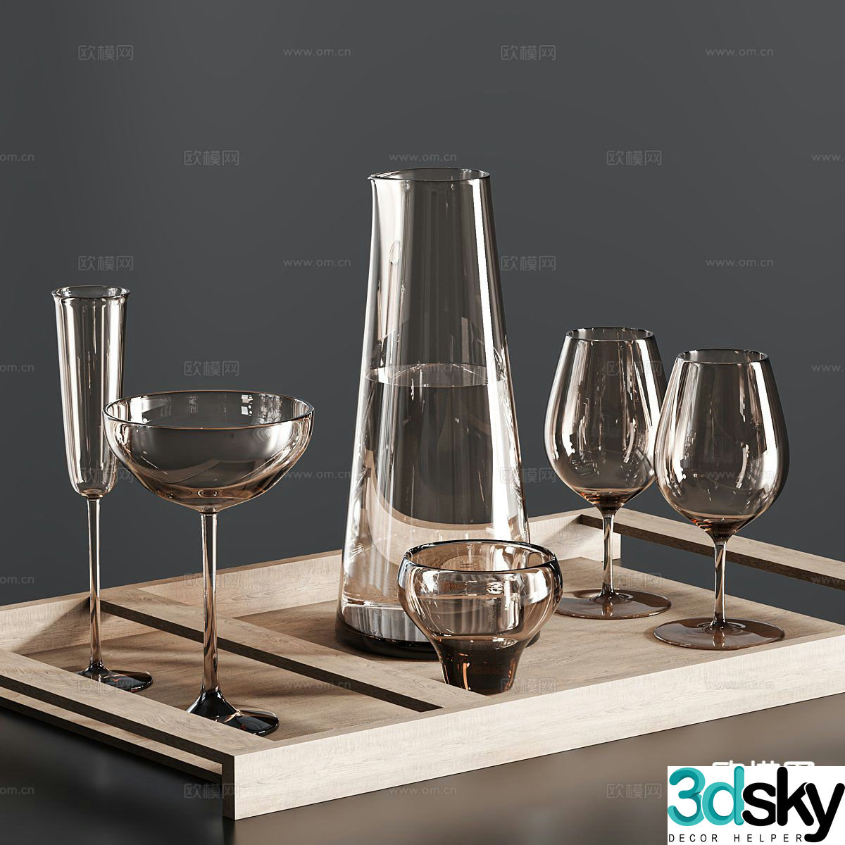 Modern water cup ornaments glass cup glass kettle tea tray 3d model
