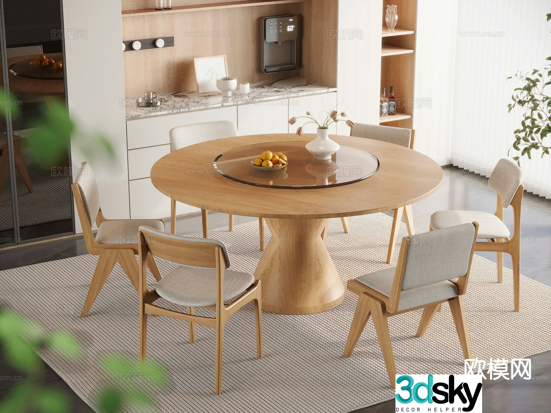 Japanese round wooden dining table 3D model