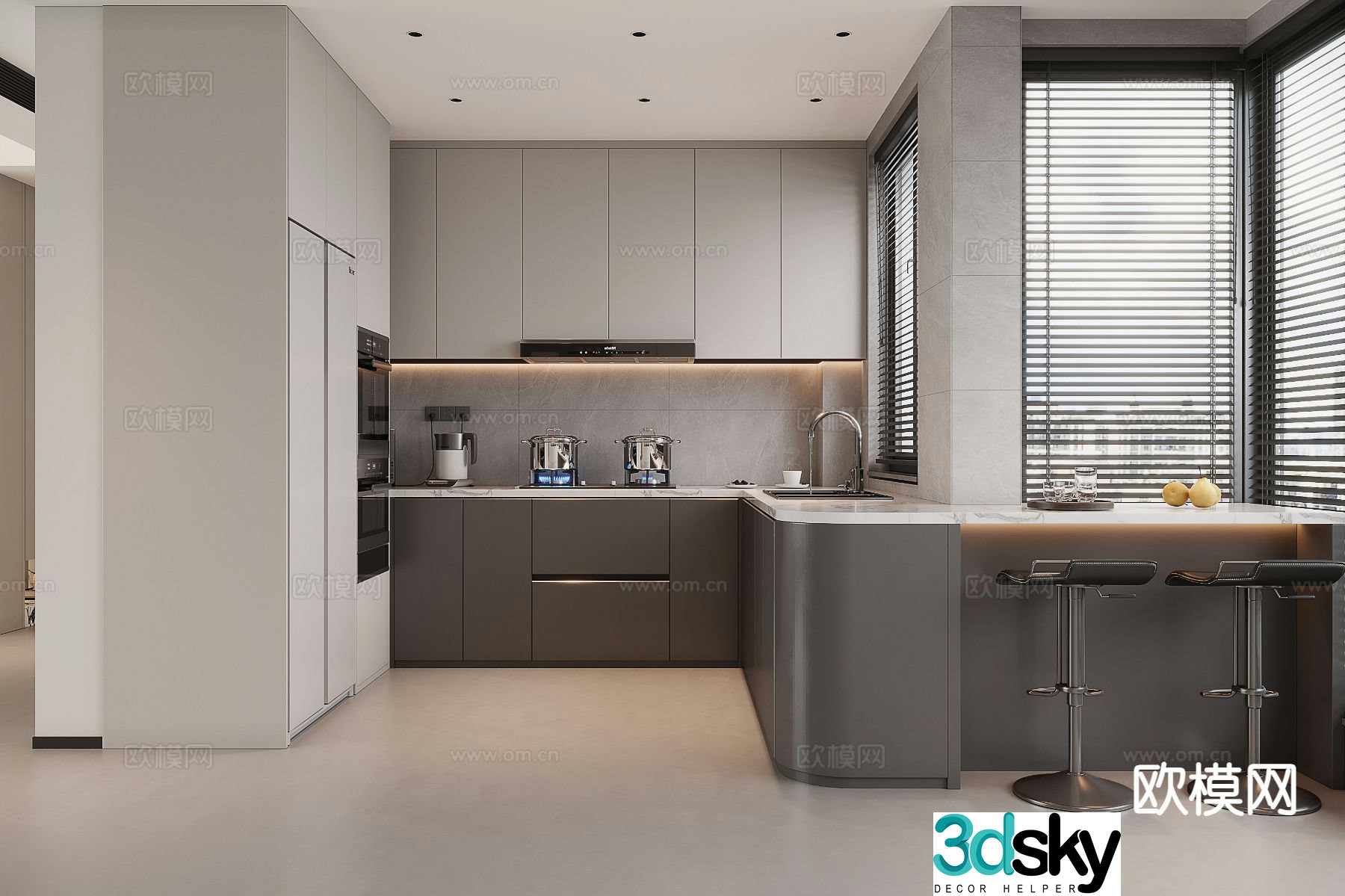 Cream style island kitchen 3d model