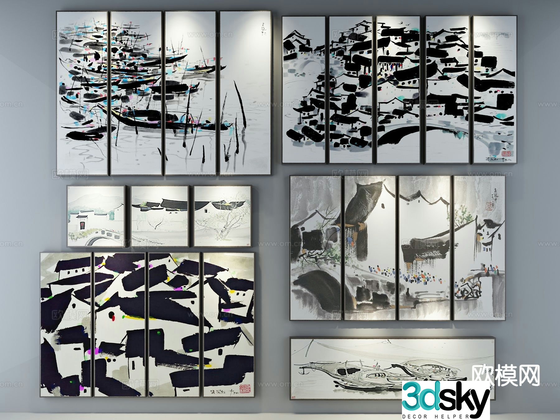 New Chinese style decorative wall chart ink painting 3D model