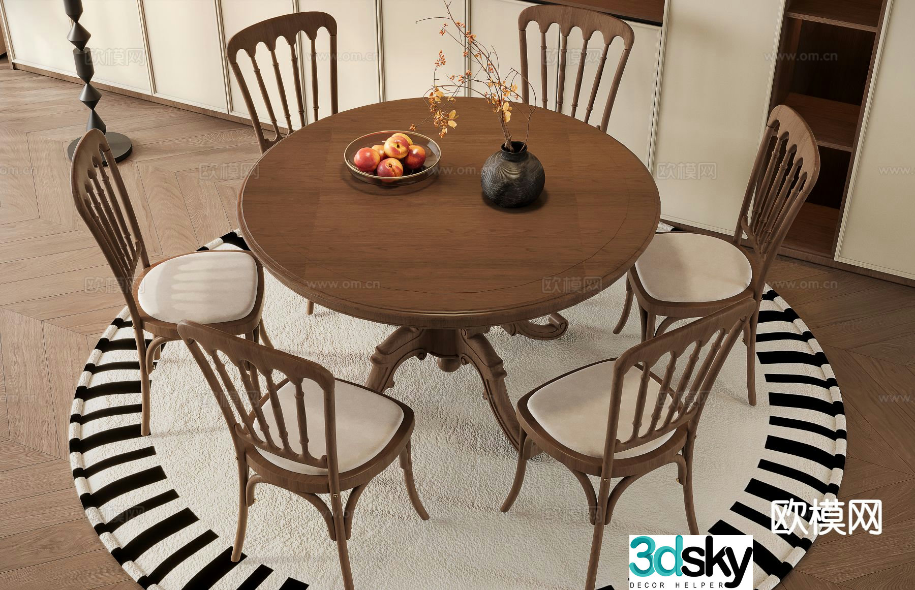 American round dining table and chairs 3d model