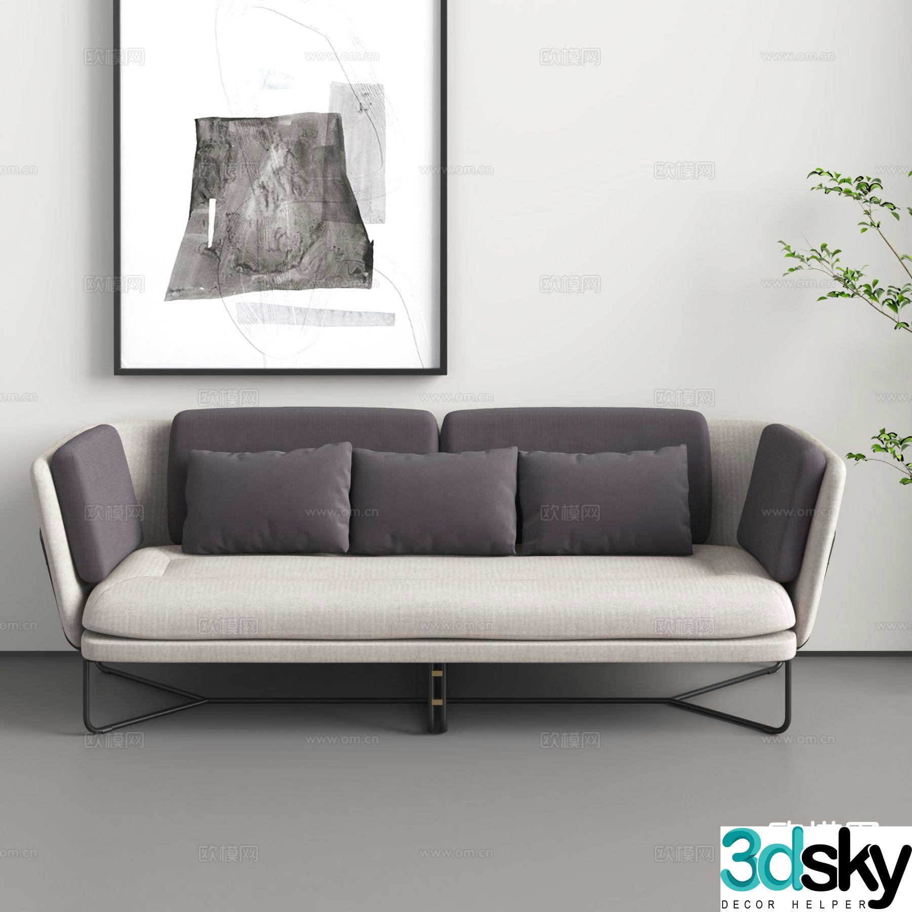 Modern three-person sofa fabric sofa 3d model
