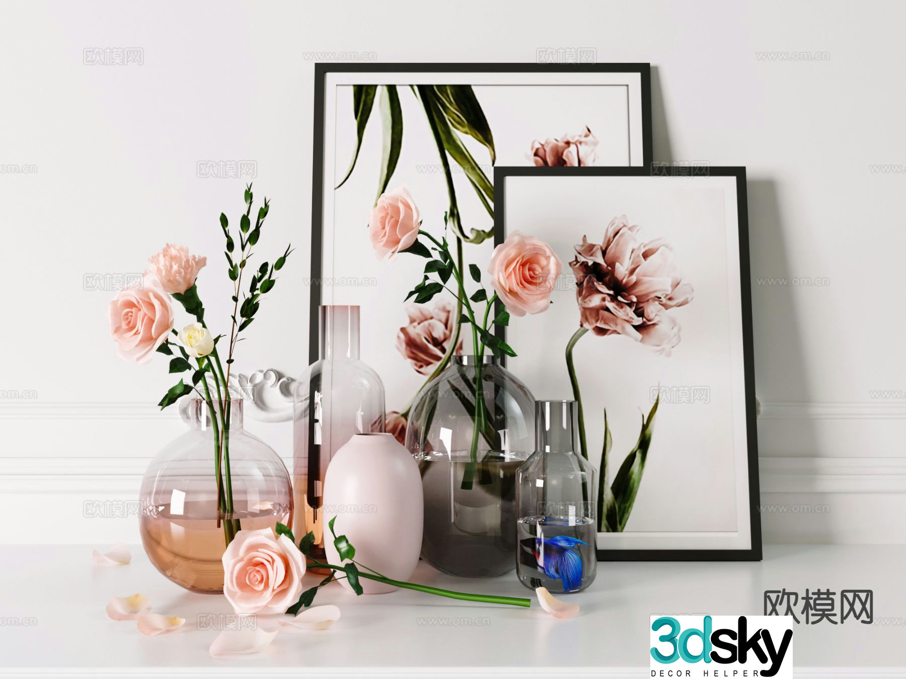 Modern glass vase ornaments dried flowers flower arrangement 3D model