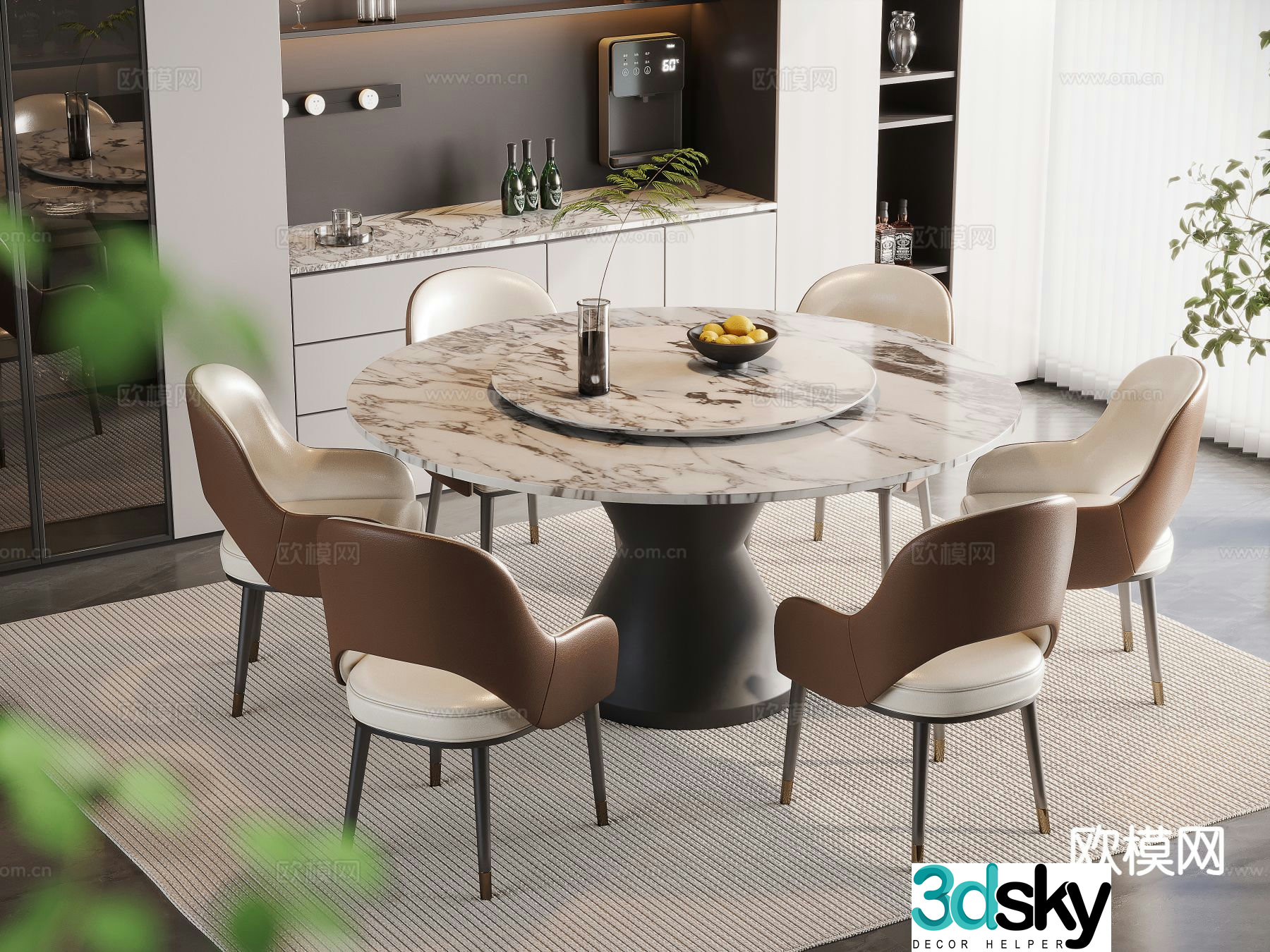 Simple dining table and chairs six-person round dining table 3D model