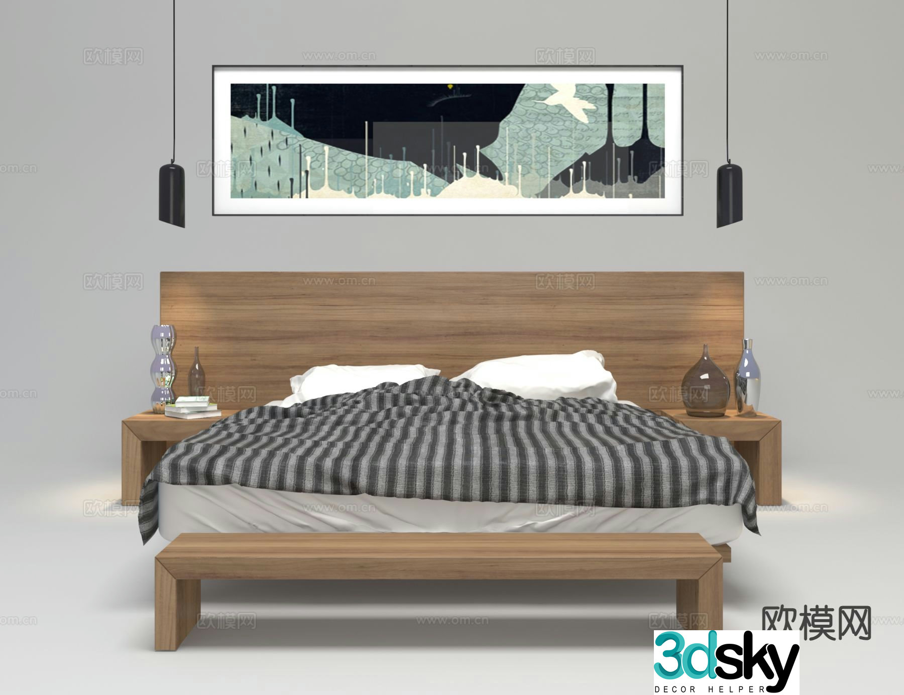 Japanese style wooden bed double bed 3d model