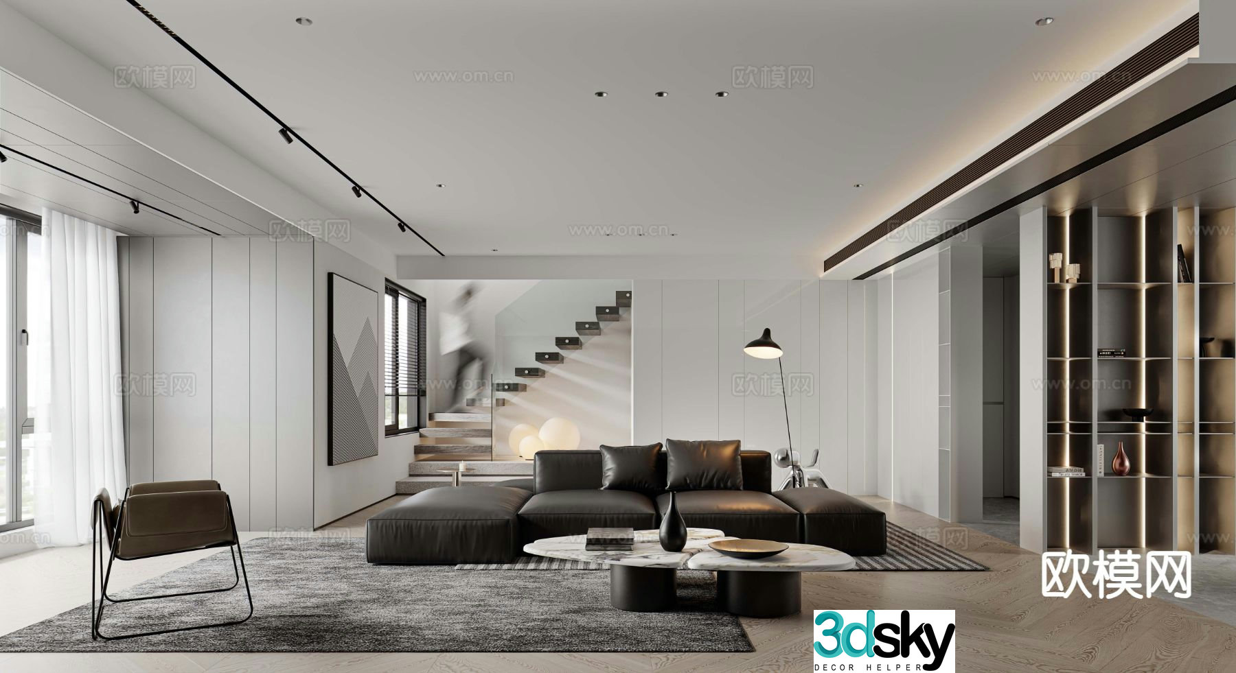 Black and white gray living room 3d model