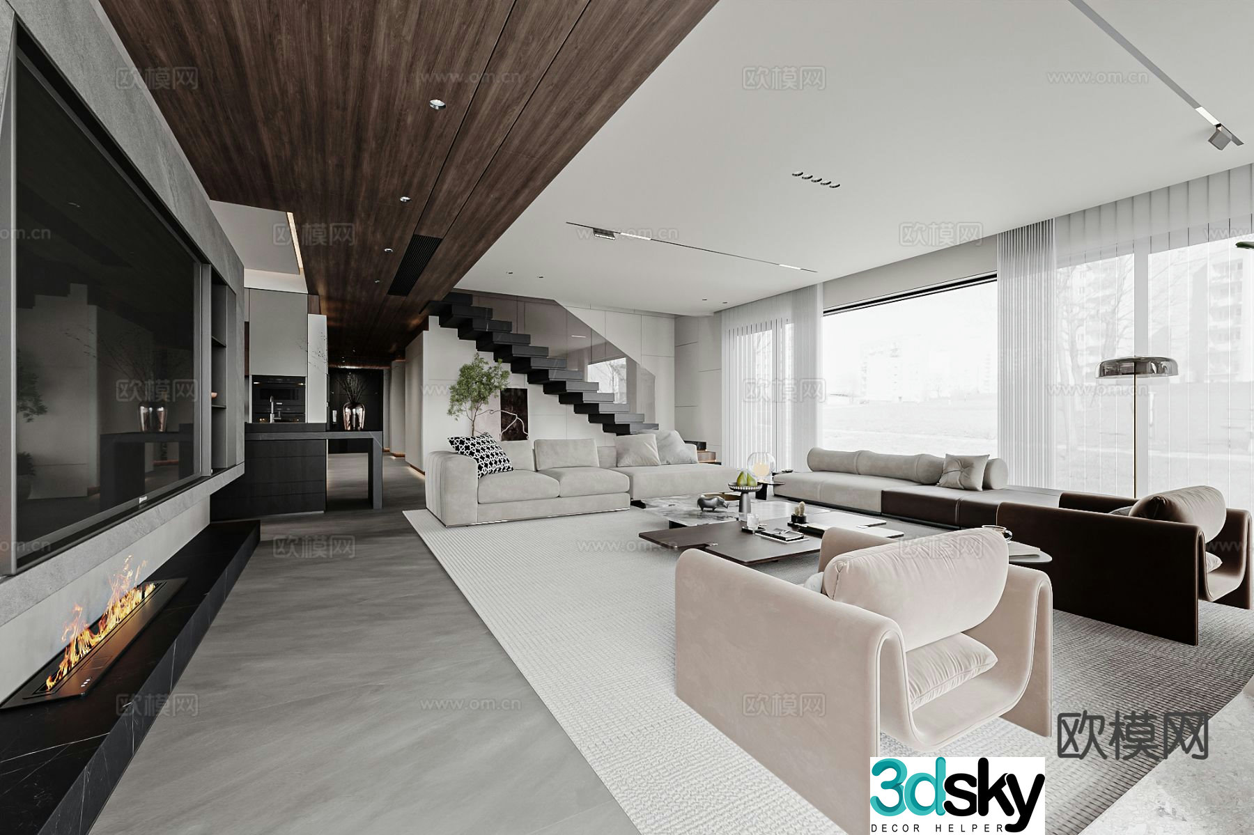 High-end gray living room black and white gray living room horizontal hall 3D model