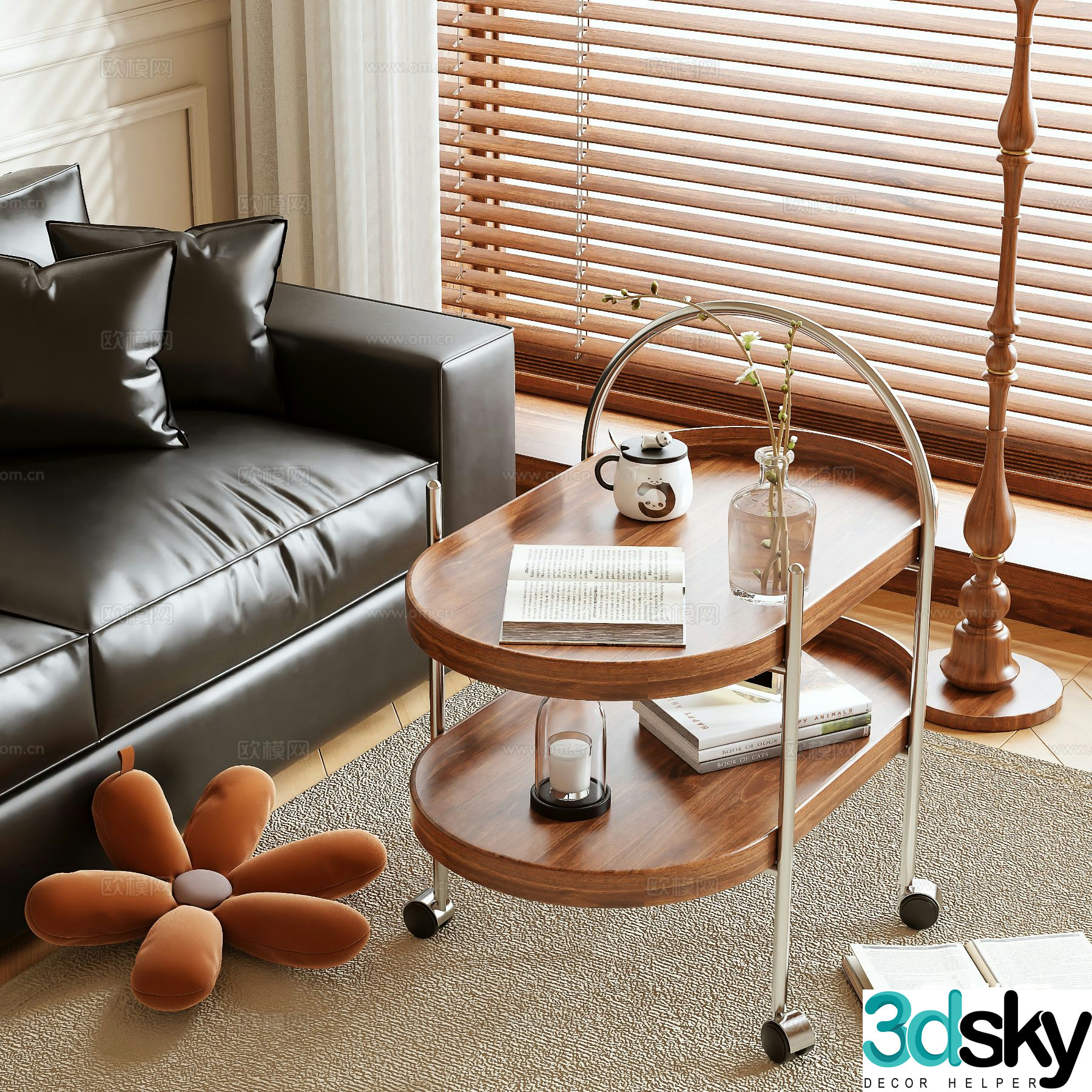 Log style mobile corner table trolley side table 3D model