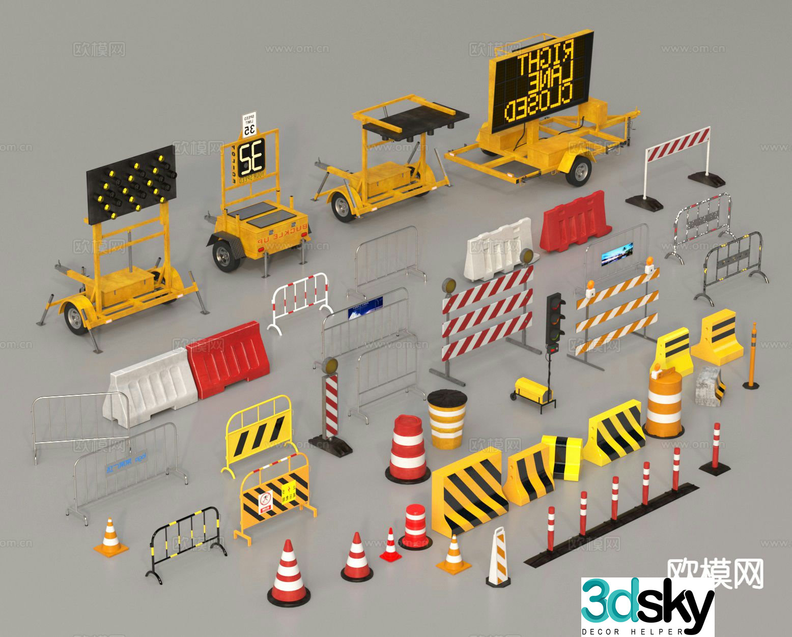 Roadblock, road sign, traffic cone, isolation belt, electronic prompt screen 3D model