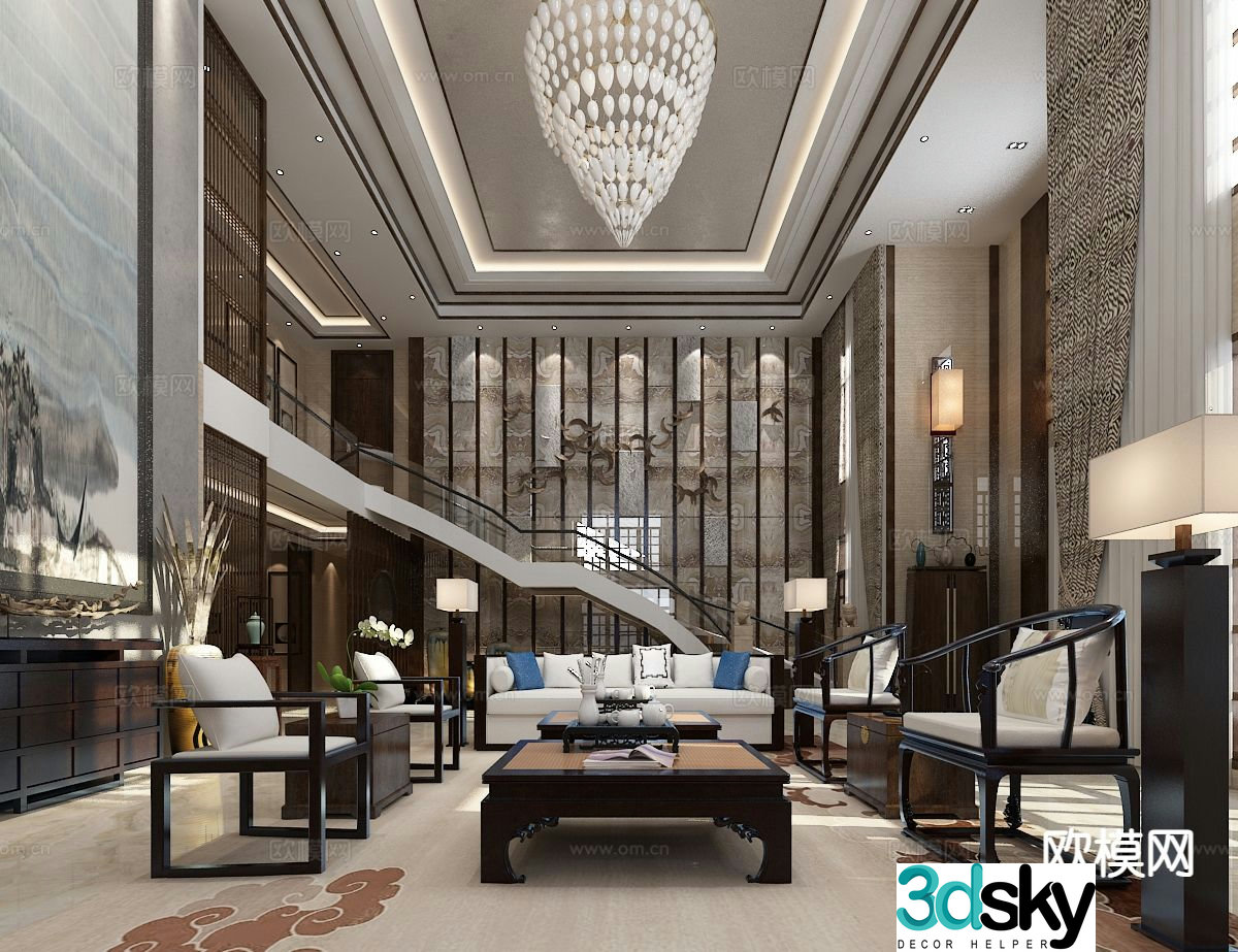 New Chinese style villa living room 3D model