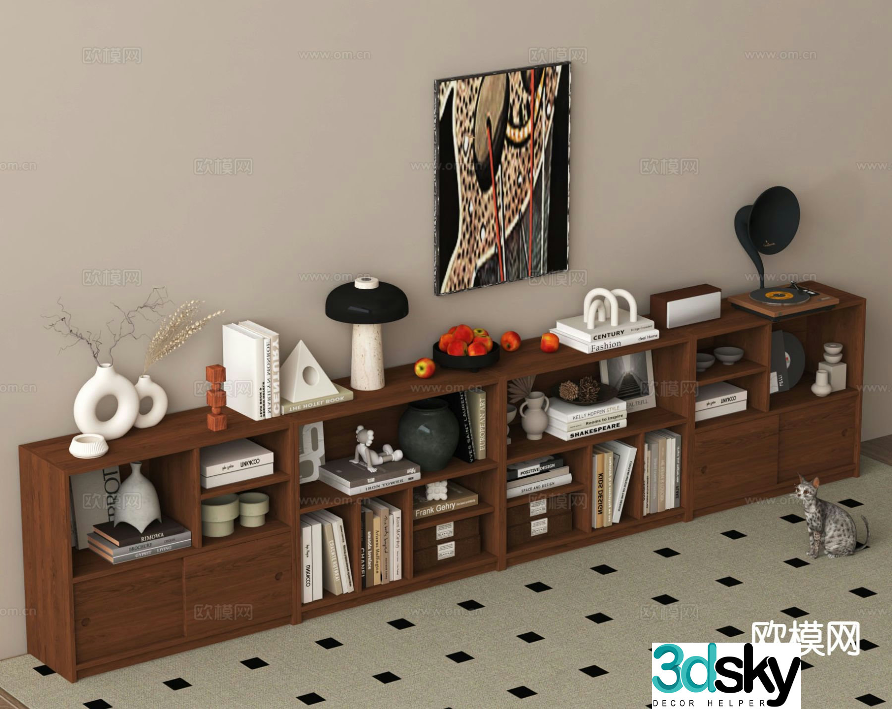 Medieval style low cabinet bookcase 3d model