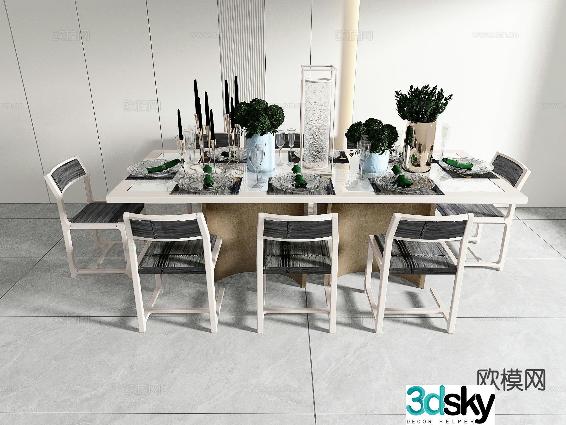 Light luxury dining table and chairs 3D model
