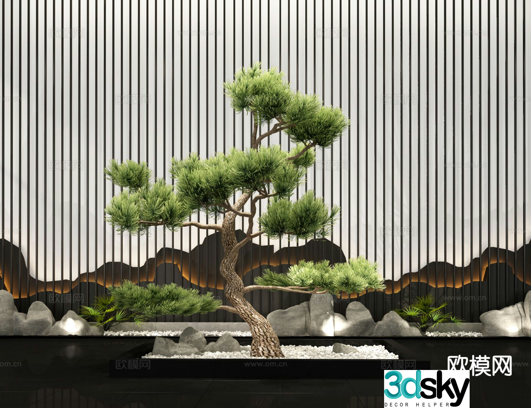 New Chinese style courtyard pine tree landscaping 3D model