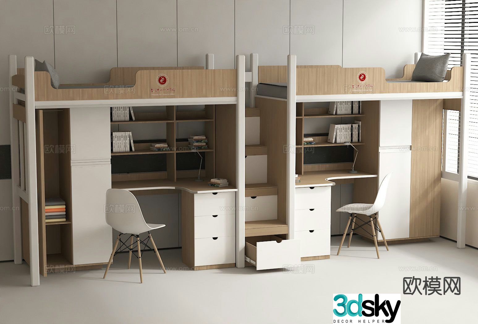 Dormitory bed upper bed and lower table one-piece bed 3D model
